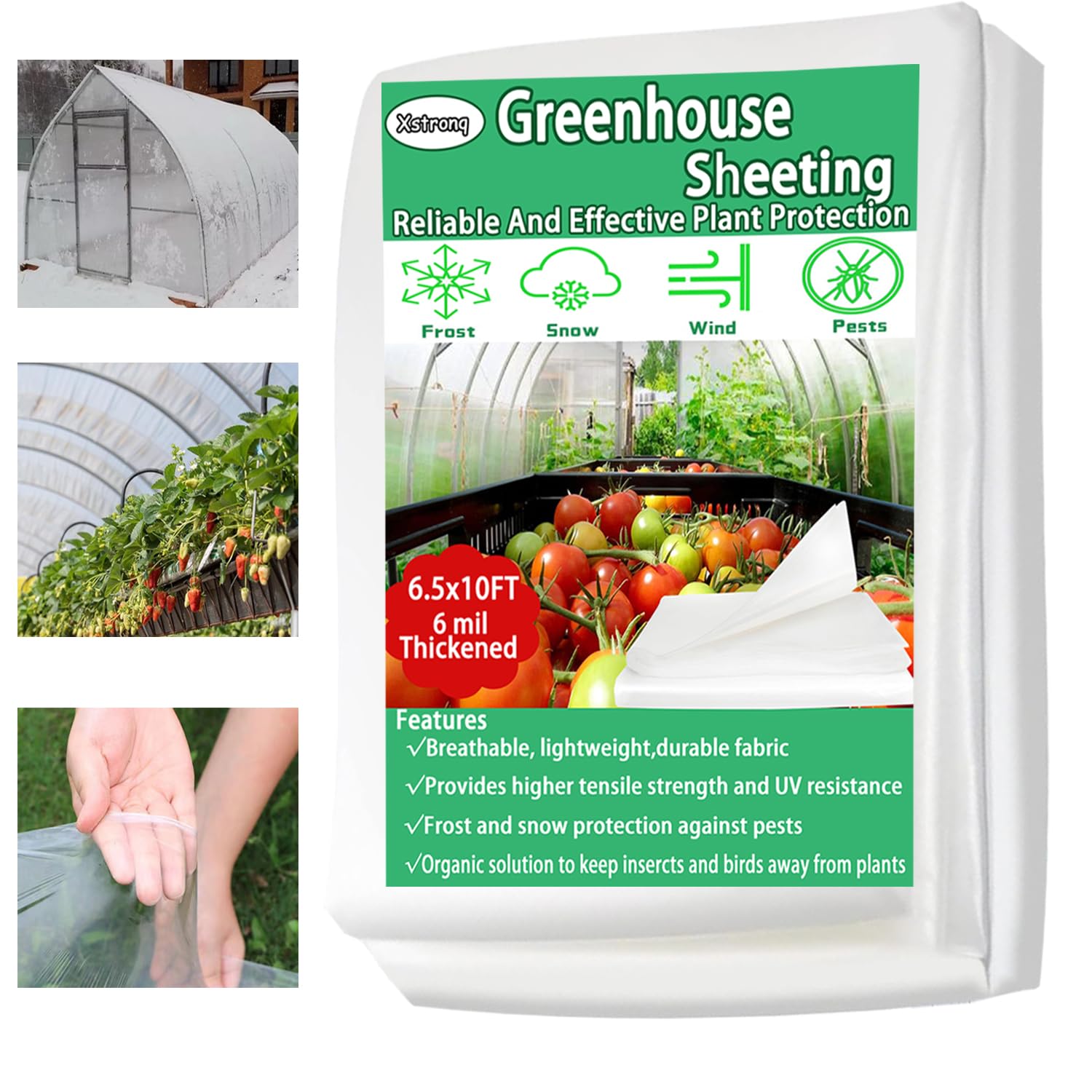 Xstronq 6.5Ftx10Ft Greenhouse Plastic Sheeting, 6 Mil Thick Clear Polyethylene Film, Waterproof Wind Frost Dust Uv Resistant Gre