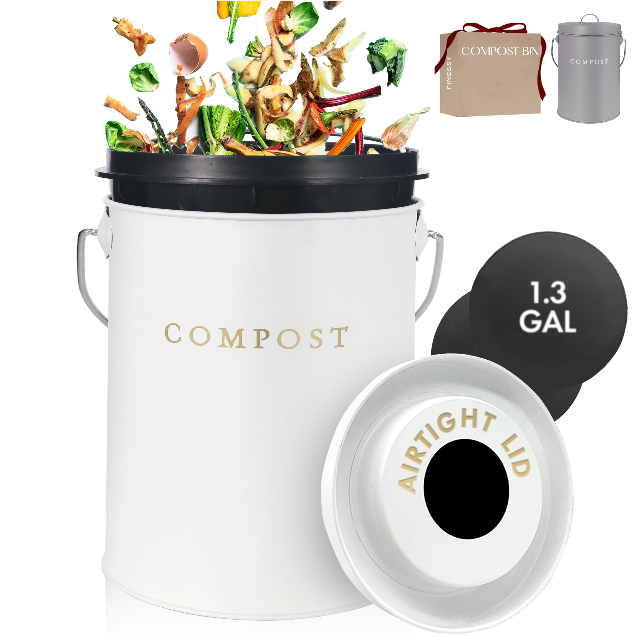White 1.3 Galion Indoor Compost Bin Kitchen Odorless with Lid for Composting Food Waste Bucket for Counters, Stainless Steel Kit