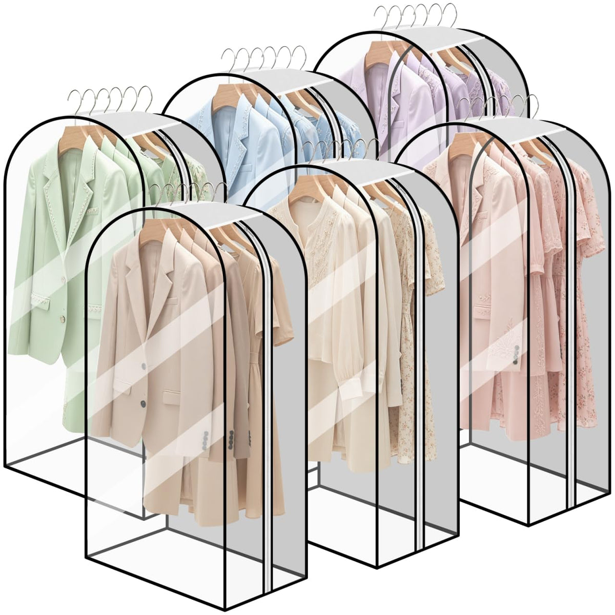 GLEAVI 6 Pack Garment Bags for Hanging Clothes, (3x40 & 3x50) Gusseted Clear Closet Storage Bags, Breathable Nonwoven Back & 