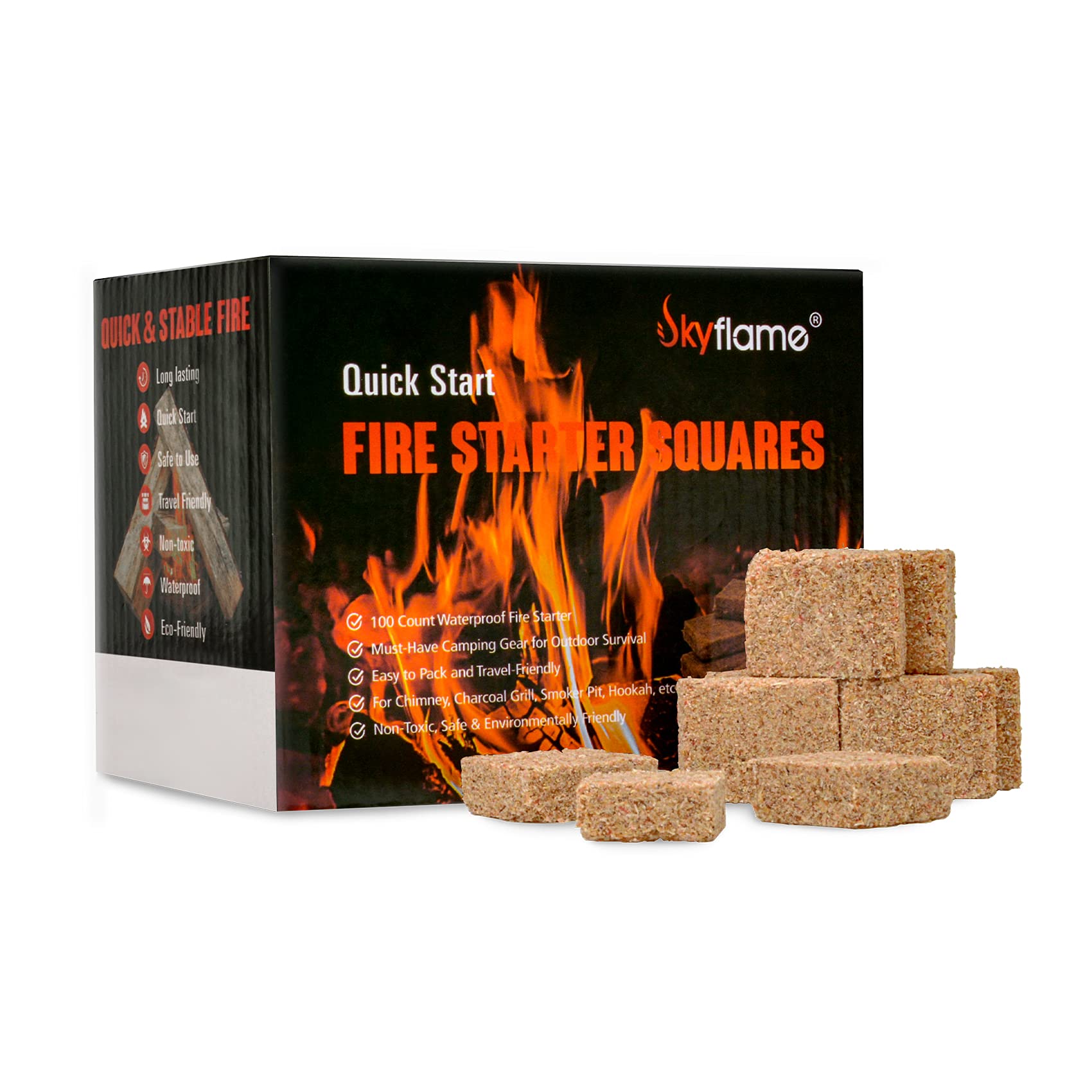 Skyflame 100 Pack Natural Fire Starters, Square Waterproof Easy Fire Charcoal Starters Compatible With Bge, Kamado Joe, Smokers,