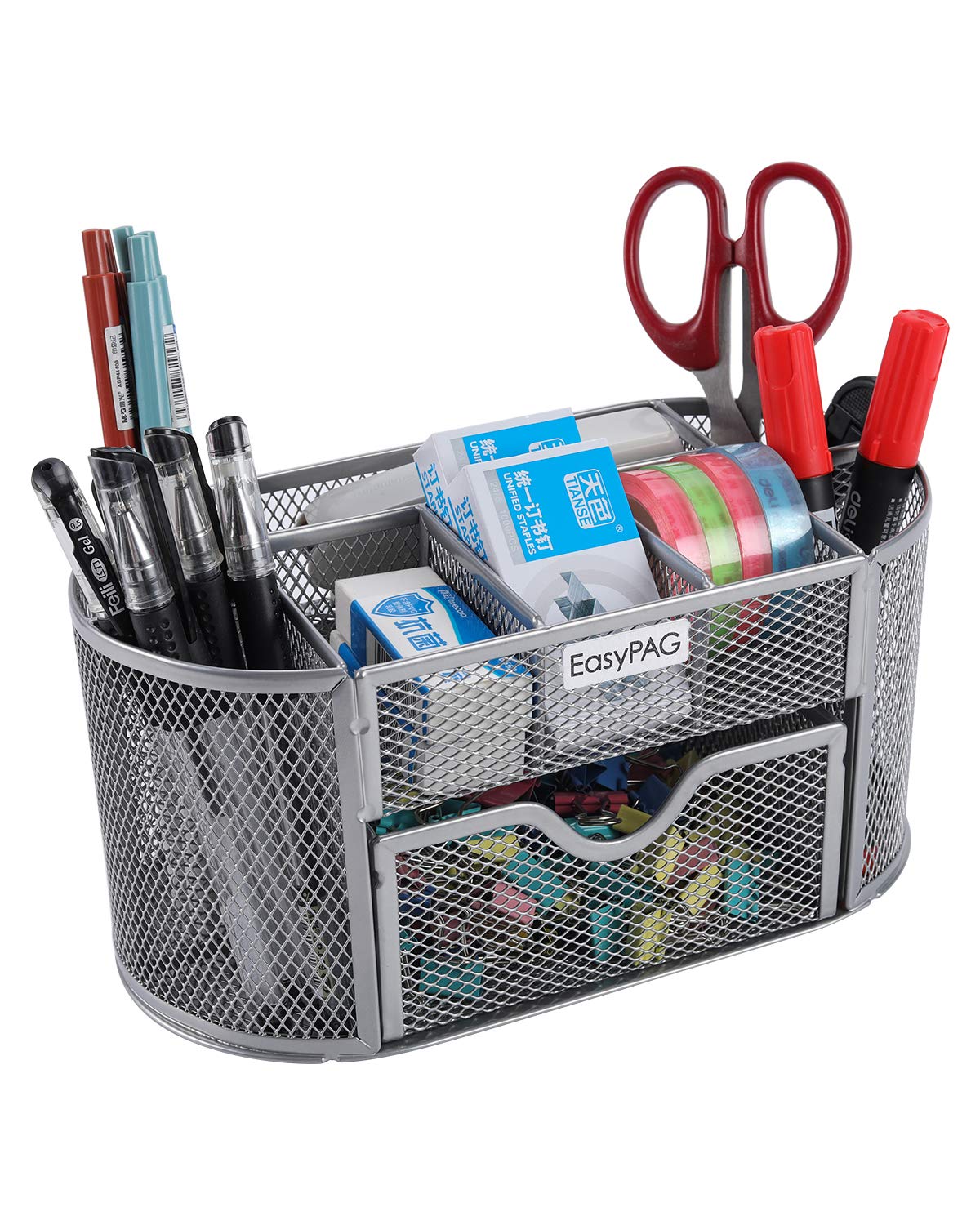 Easypag Desk Organizer Mesh Desktop Office Supplies Multi-Functional Caddy Pen Holder Stationery With Drawer, Silver