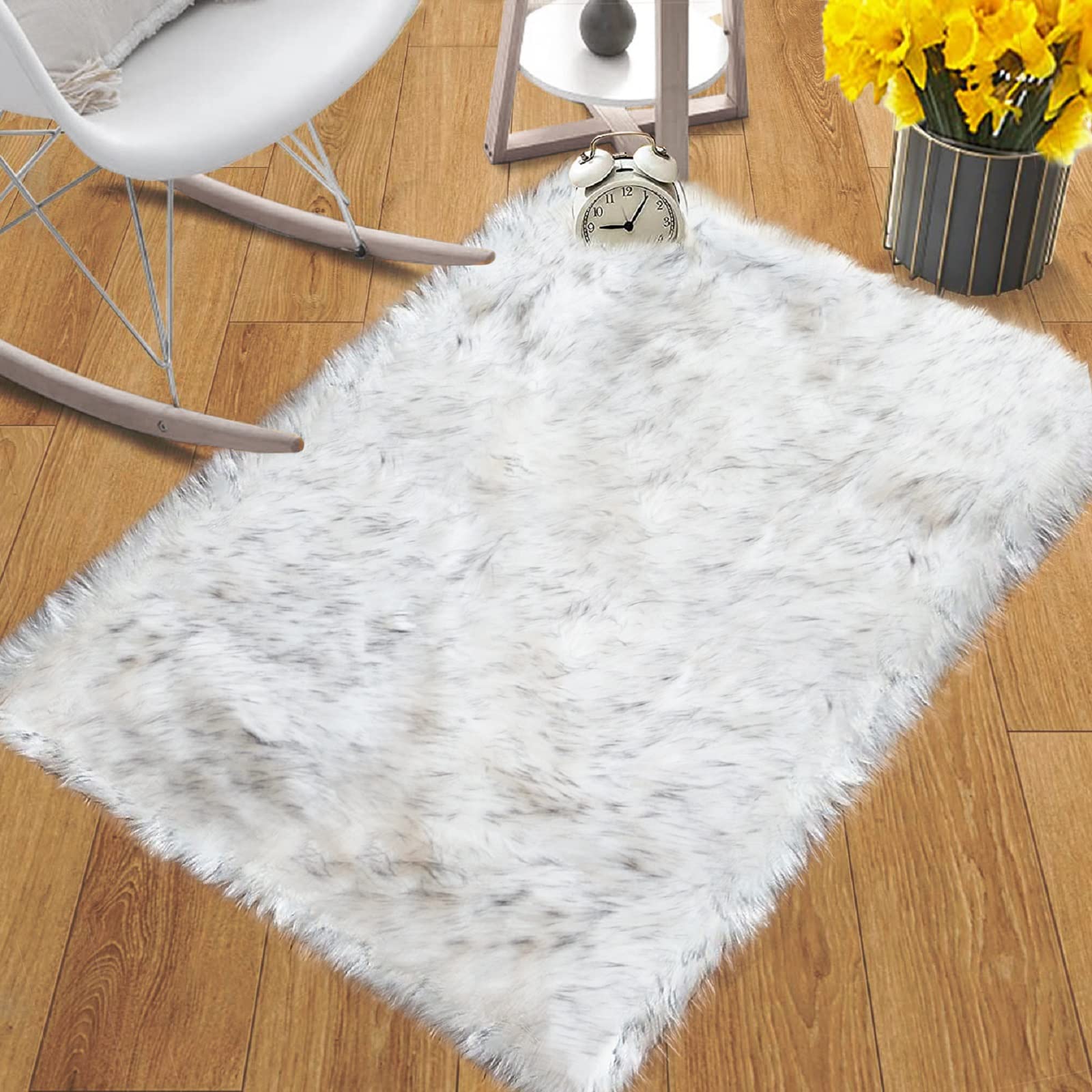ORINOVA White and Grey Faux Fuzzy Fur Sheepskin Washable Area Rugs for Living Room 2x3 Boho Shag Nursery Rug Cute Home D  cor