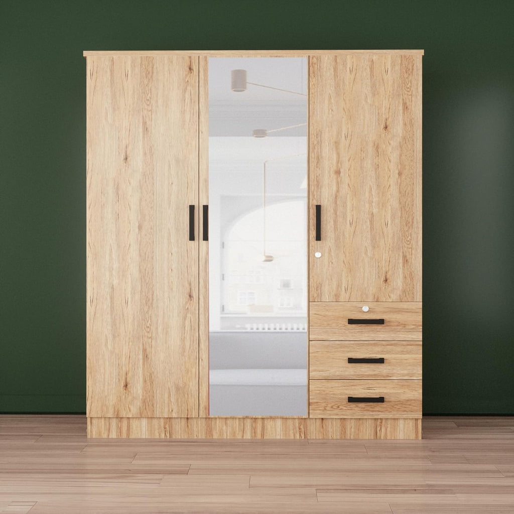 Violet Wardrobe Mirrored Door Closet 3 Doors and 3 Drawers (Natural Oak)