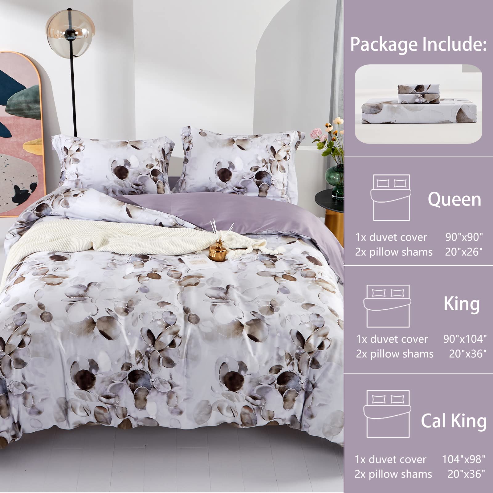 Mildly 100% Long-Staple Cotton Duvet Cover Set Cobblestone Watercolor Pattern Printed Comforter Cover 3Pcs, Ultra Soft & Breatha