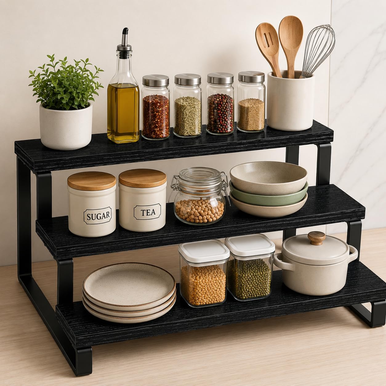 Arono Steels 3Tier Cabinet Organiser Shelf, 35X24X15 Cm, Black