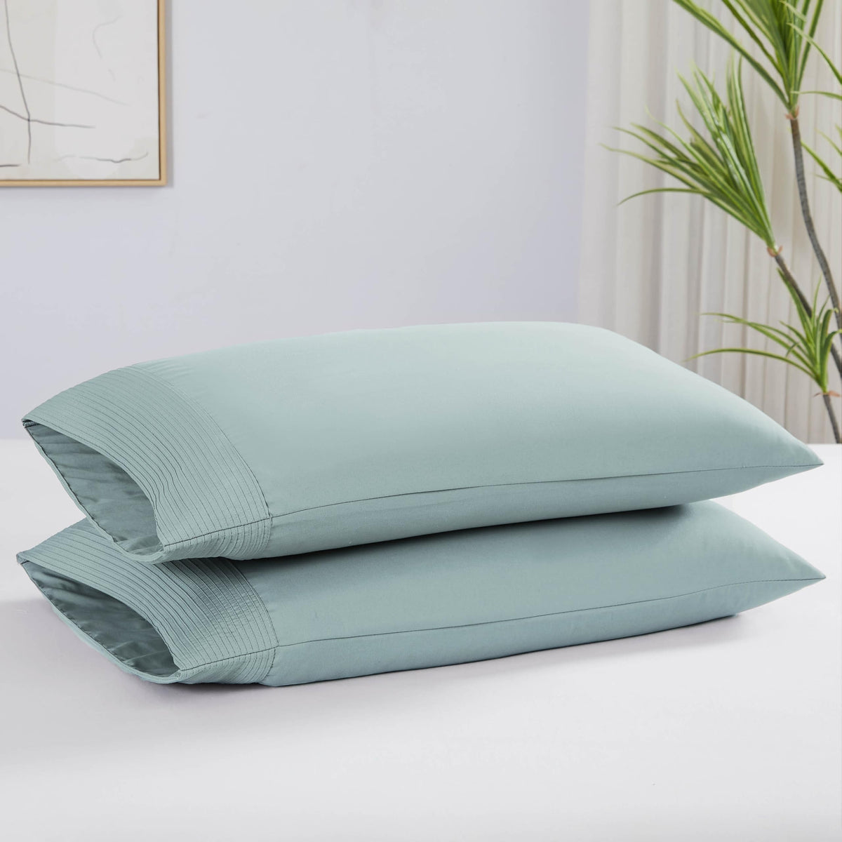 Southshore Fine Living, Inc. Pleated Blue Pillow Cases Standard Size Set Of 2, Luxurious Brushed Microfiber Pillowcases For Full