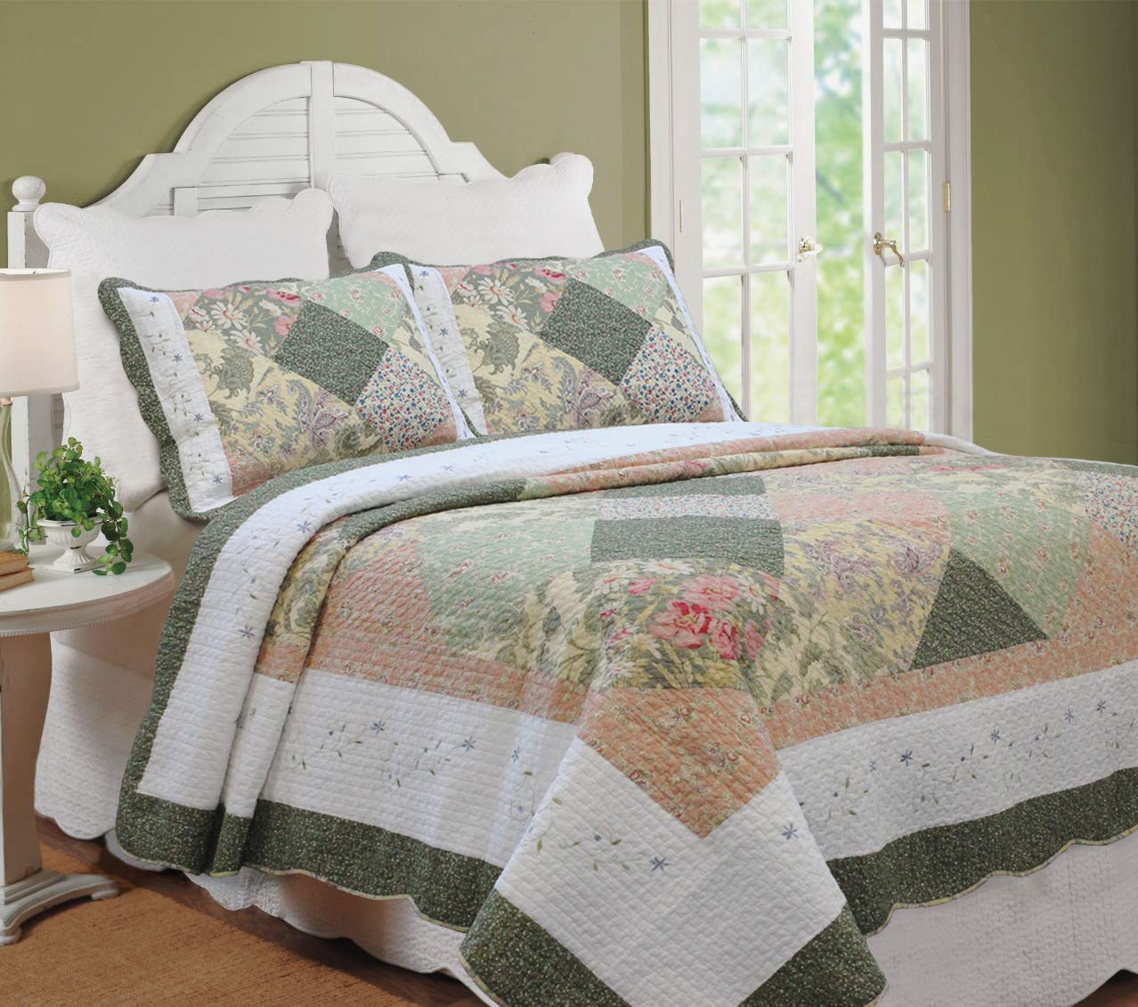 Cozy Line Home Fashions Floral Real Patchwork Olive Green Pink Scalloped Edge Country 100% Cotton Quilt Bedding Set, Reversible