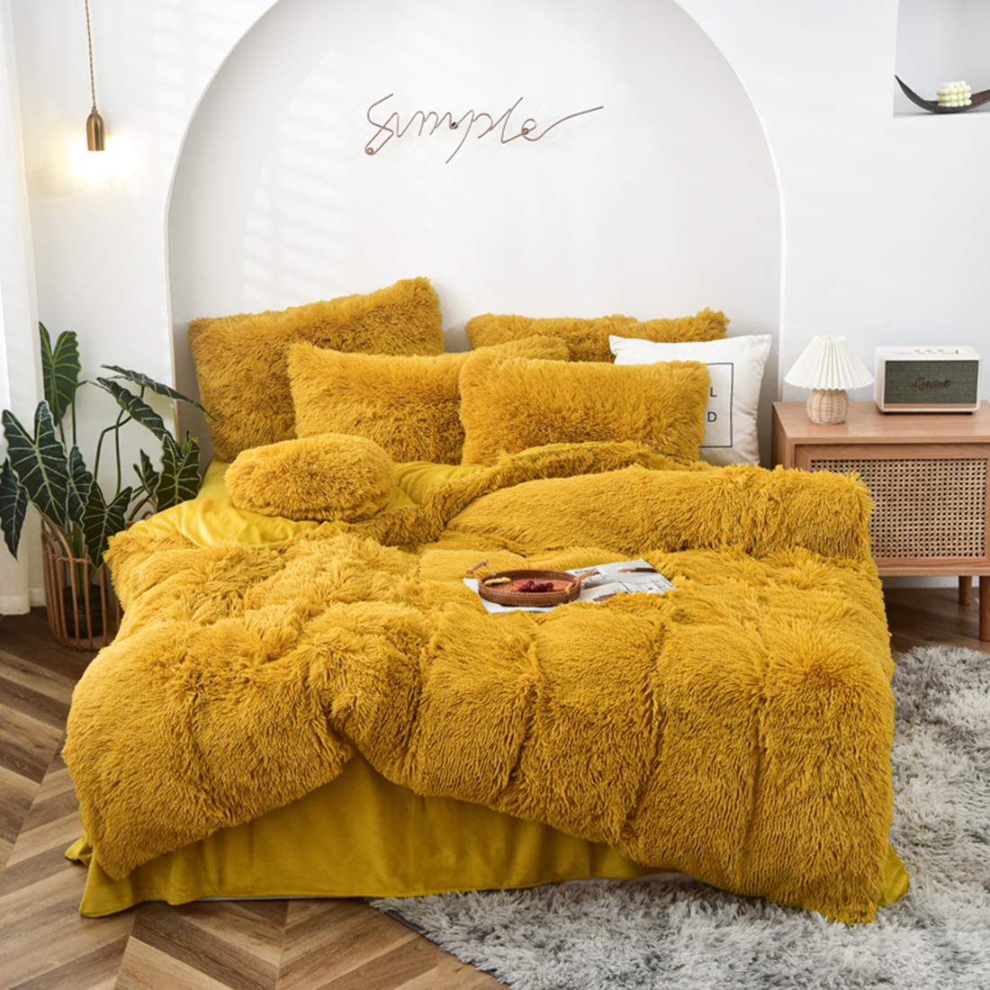 Morromorn 5 Pcs Shaggy Duvet Cover Bedding Set - Fluffy Comforter Cover Long Faux Fur Luxury Ultra Soft Cozy (Mustard Yellow, Ki