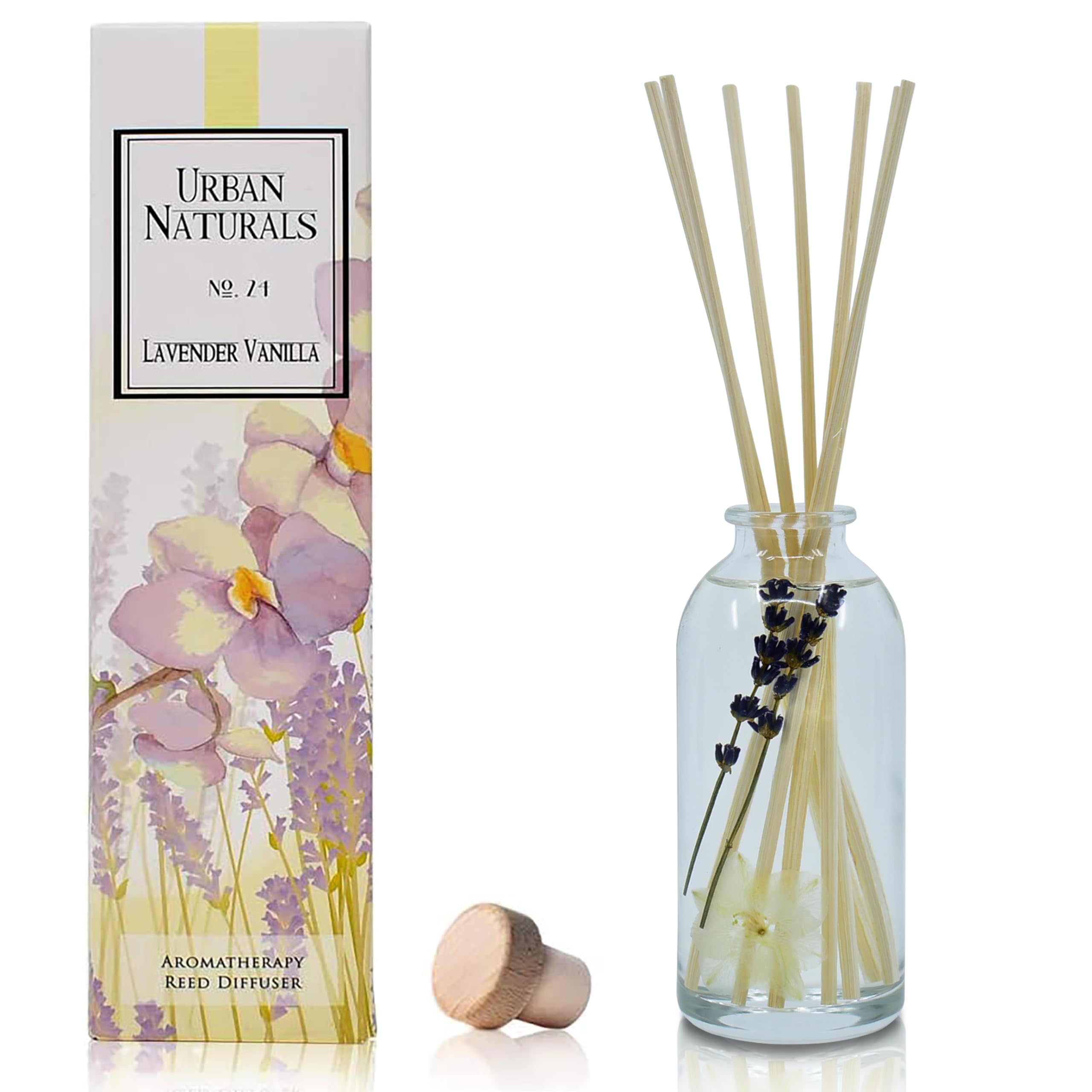 Urban Naturals Lavender Vanilla Reed Diffuser Set | Room Scent Infuser with Real Lavender & Natural Flowers | Soothing Scent Mak