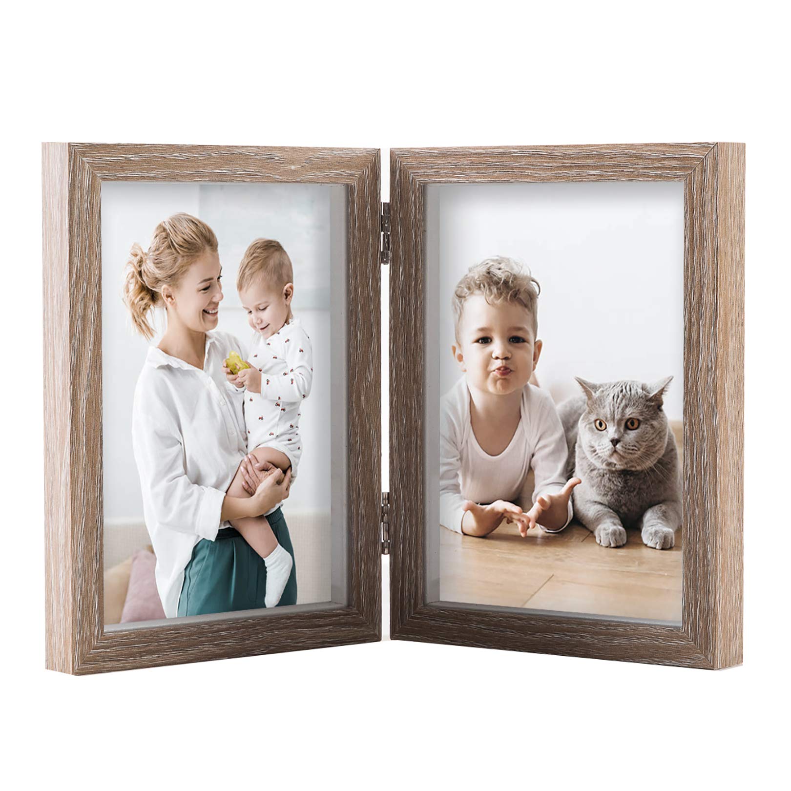 AEVETE 5x7 Double Picture Frames Hinged Wood Folding Picture Frames Vertically Display, Real Glass Front