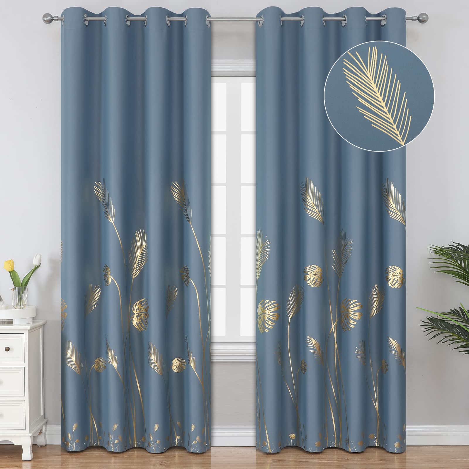 Estelar Textiler Stone Blue Blackout Curtains For Bedroom,Room Darkening Gold Palm Tree Pattern Curtains 96 Inches Long,Light Bl