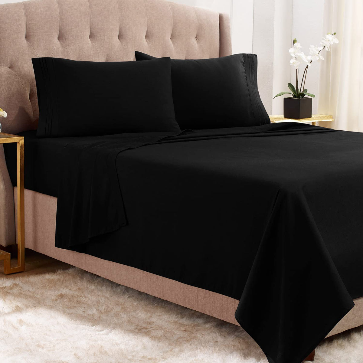 Empyrean Queen Sheets - 4 Pc Super Soft Bed Sheets Queen Size - Double Brushed Microfiber Queen Size Sheets - Hotel Luxury Black