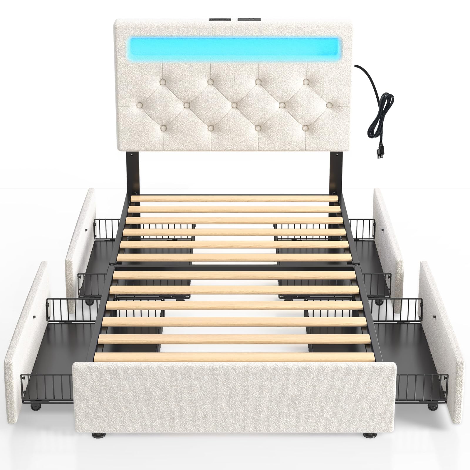 Rolanstar Twin Bed Frame with 4 Storage Drawers and Charging Station,Twin Bed with Led Lights, 2 USB & 1 Type C, Adjustable Head