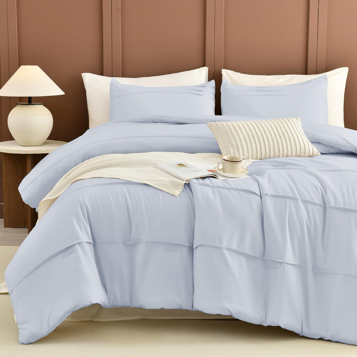 Cozytide 100% Cotton King Comforter Set(106'X95'),Light Blue Pinch Pleated California King Size Bedding Set,3 Pieces Lightweig