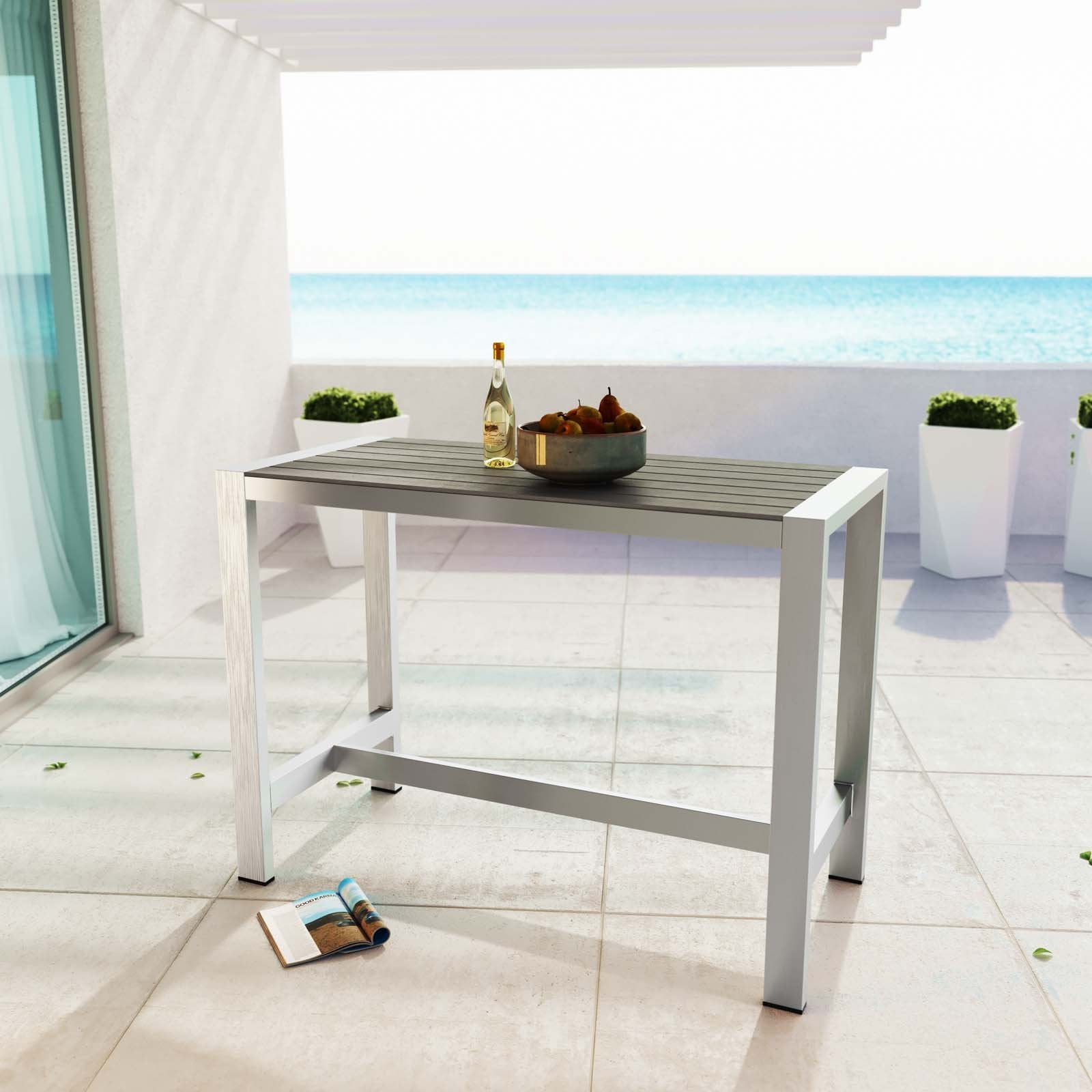Modway Shore Aluminum Outdoor Patio 60&quot; Rectangle Bar Table in Silver Gray