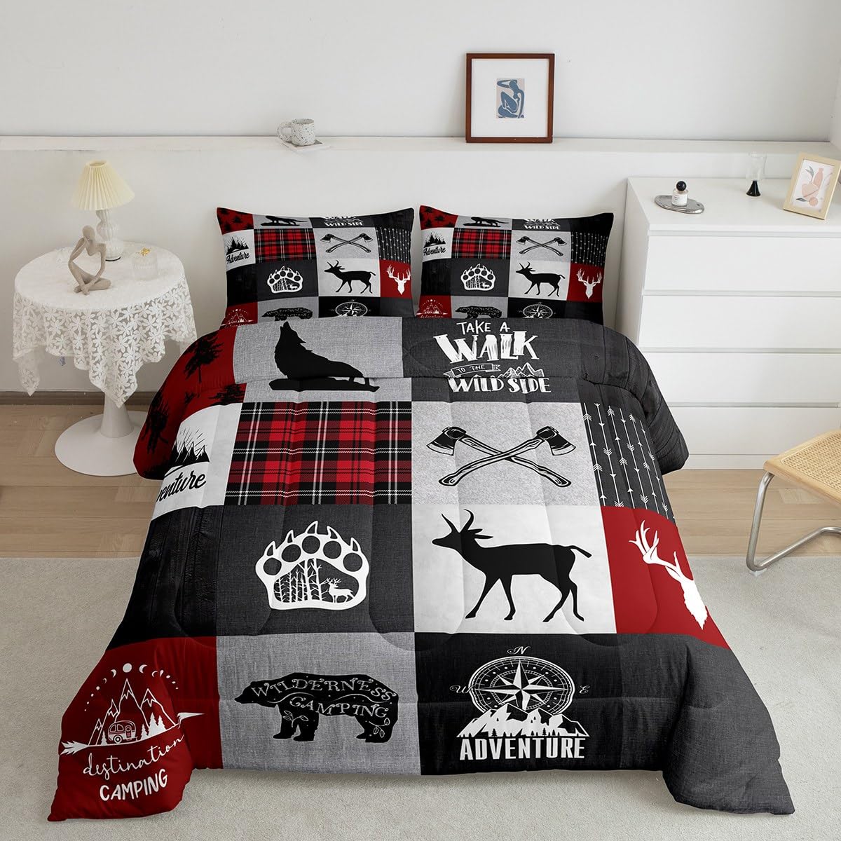 Deer Antler Bear Kids Comforter Set Queen Size,Plaids Boho Arrows Patchwork Bedding Set For Boys Girls Adults Room Decor,Rustic