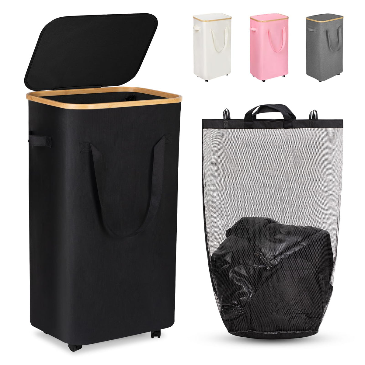 WELTRXE Laundry Hamper on Wheels 110L Large Clothes Basket with Lid and Extended Handles, Foldable Laundry Hamper for Bedroom, B