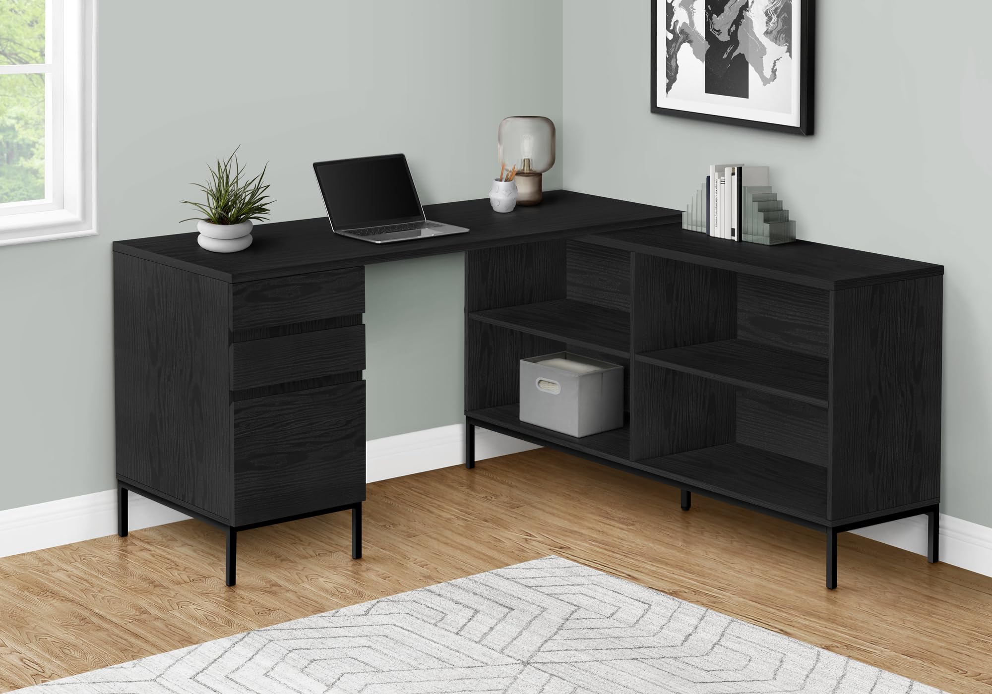 Monarch Specialties 7493 Computer Desk, Home Office, Corner, Storage Drawers, 60' Shape, Work, Laptop, Metal, Laminate, Black, Contemporary, Modern Desk-60 L Oak, 60' L x 60' W x 31' H