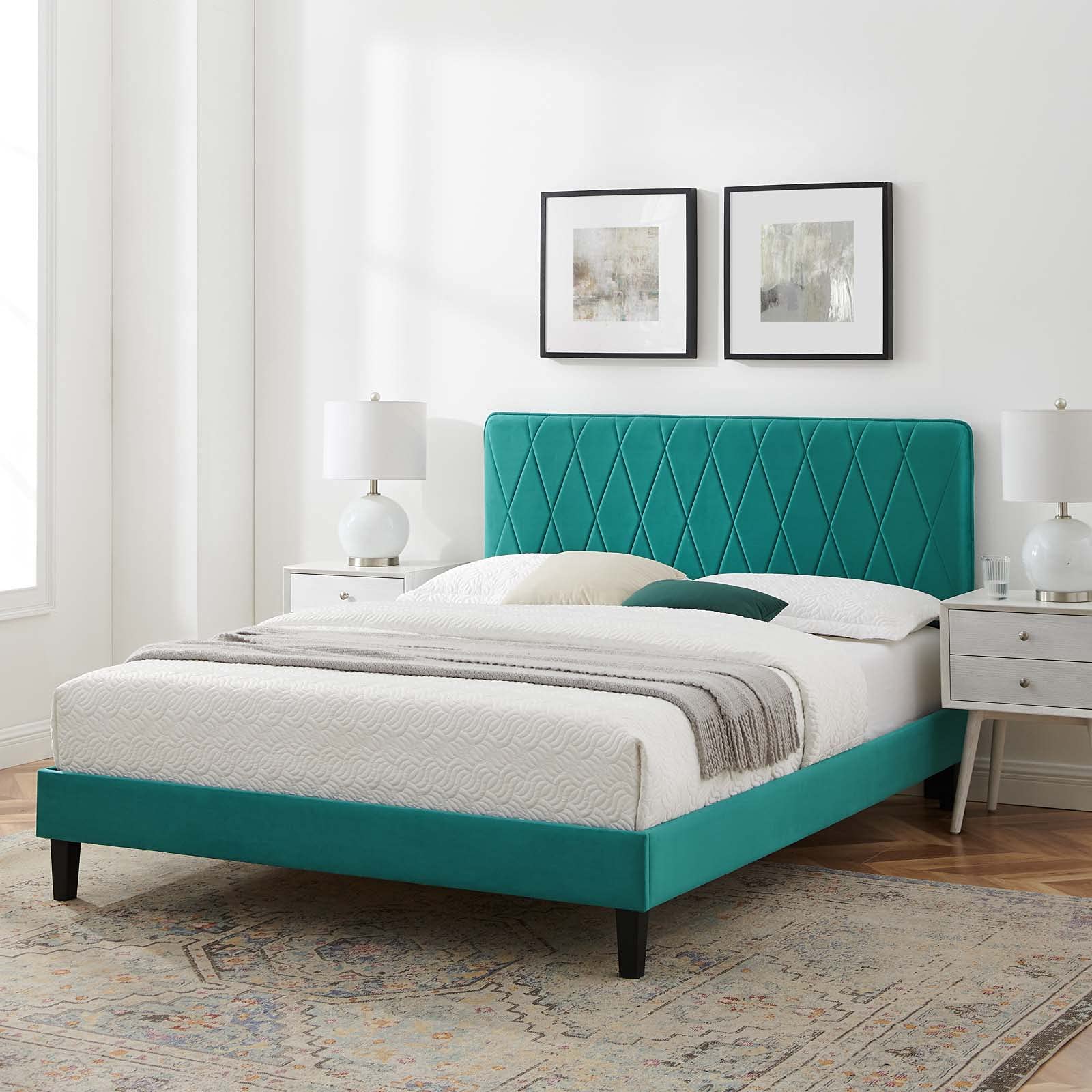Modway Phillipa Performance Velvet King Platform Bed in Teal with Black Wood Legs
