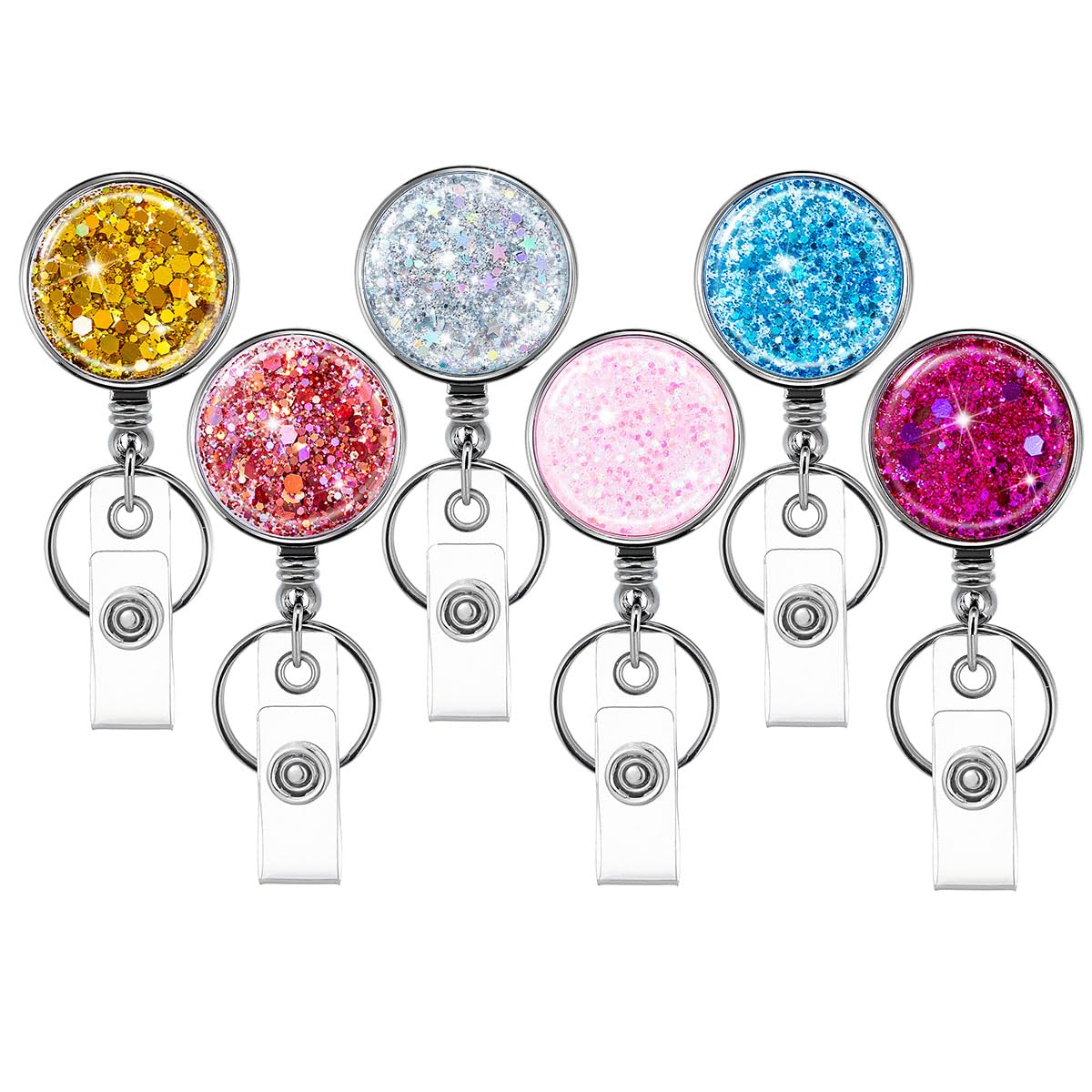 Hasfine 6 Pack Retractable Badge Reels With Key Ring & Belt Clip - Glittery Design Badge Holder For Id Cards, Office Staff, Heal