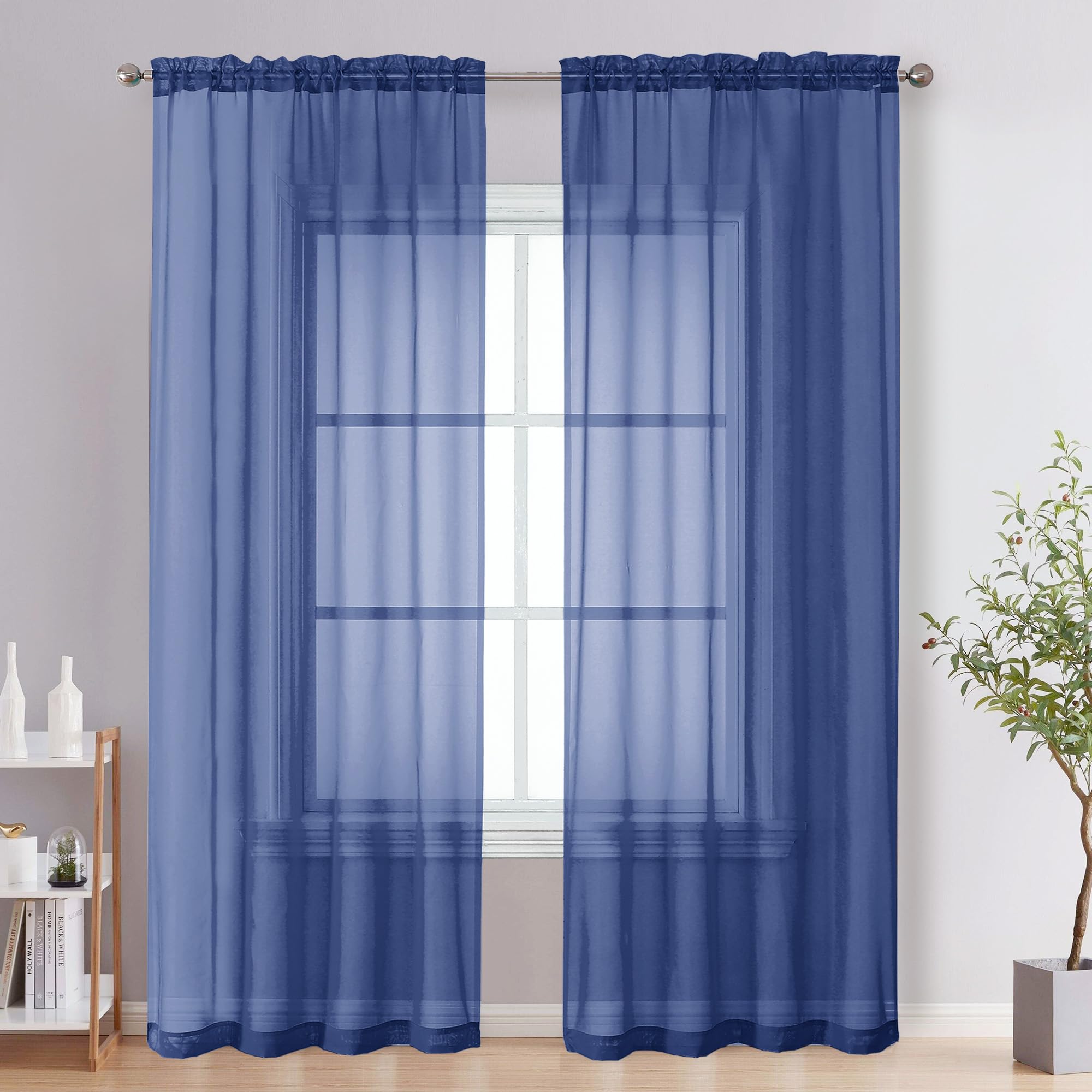 Ovzme Royal Blue Sheer Curtains 84 Inches Long 2 Panels - Soft Light Filtering Window Sheer Panels For Living Room/Bedroom, Top