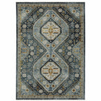 HomeRoots 508091 6 x 9 ft. Blue Gold Ivory & Navy Oriental Power Loom Stain Resistant Rectangle Area Rug with Fringe