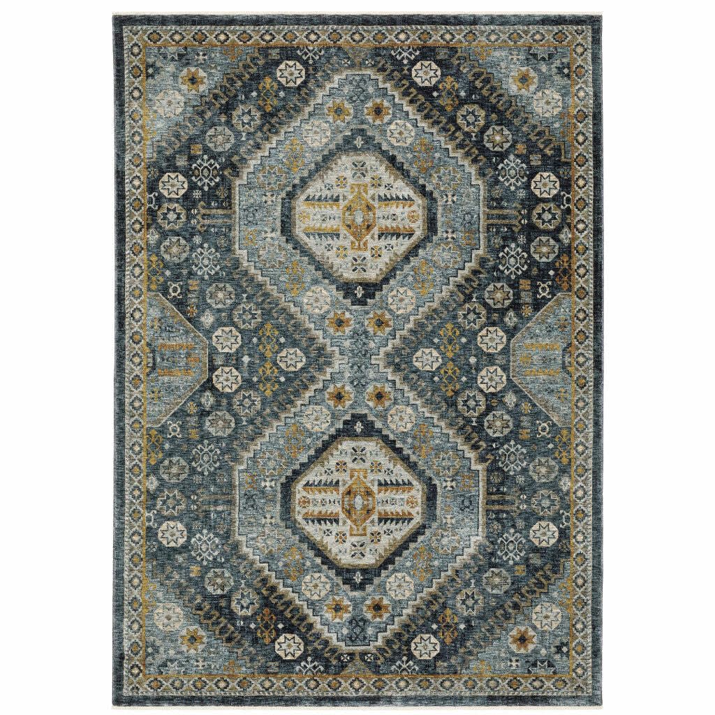 HomeRoots 508091 6 x 9 ft. Blue Gold Ivory & Navy Oriental Power Loom Stain Resistant Rectangle Area Rug with Fringe