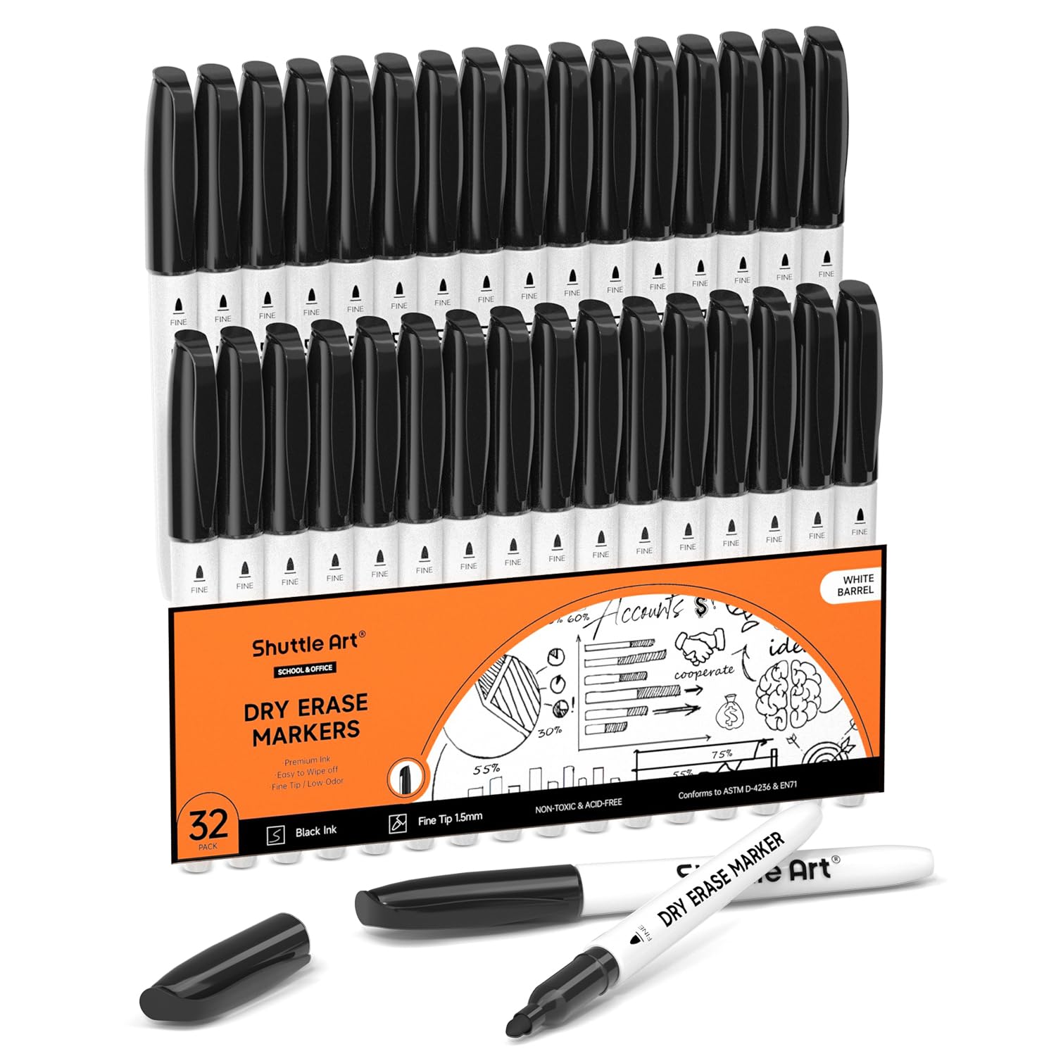 Shuttle Art Dry Erase Markers, 32 Pack Black Whiteboard Markers,Fine Tip Dry Erase Markers For Kids,Perfect For Writing On White