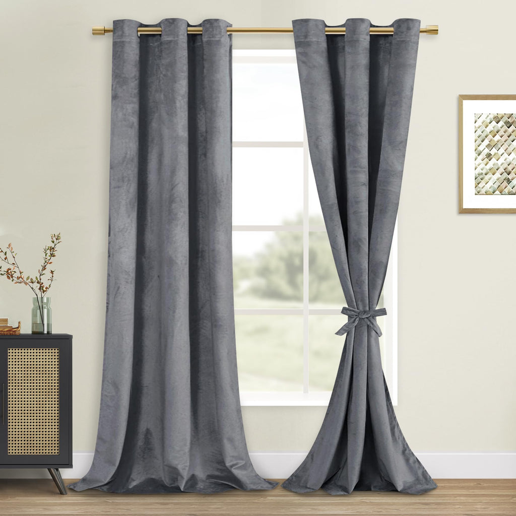 DWCN Grey Velvet Curtains 96 inches Long - Super Soft Tieable Grommet Blackout Thermal Insulated Curtain Panels, Window Drapes f