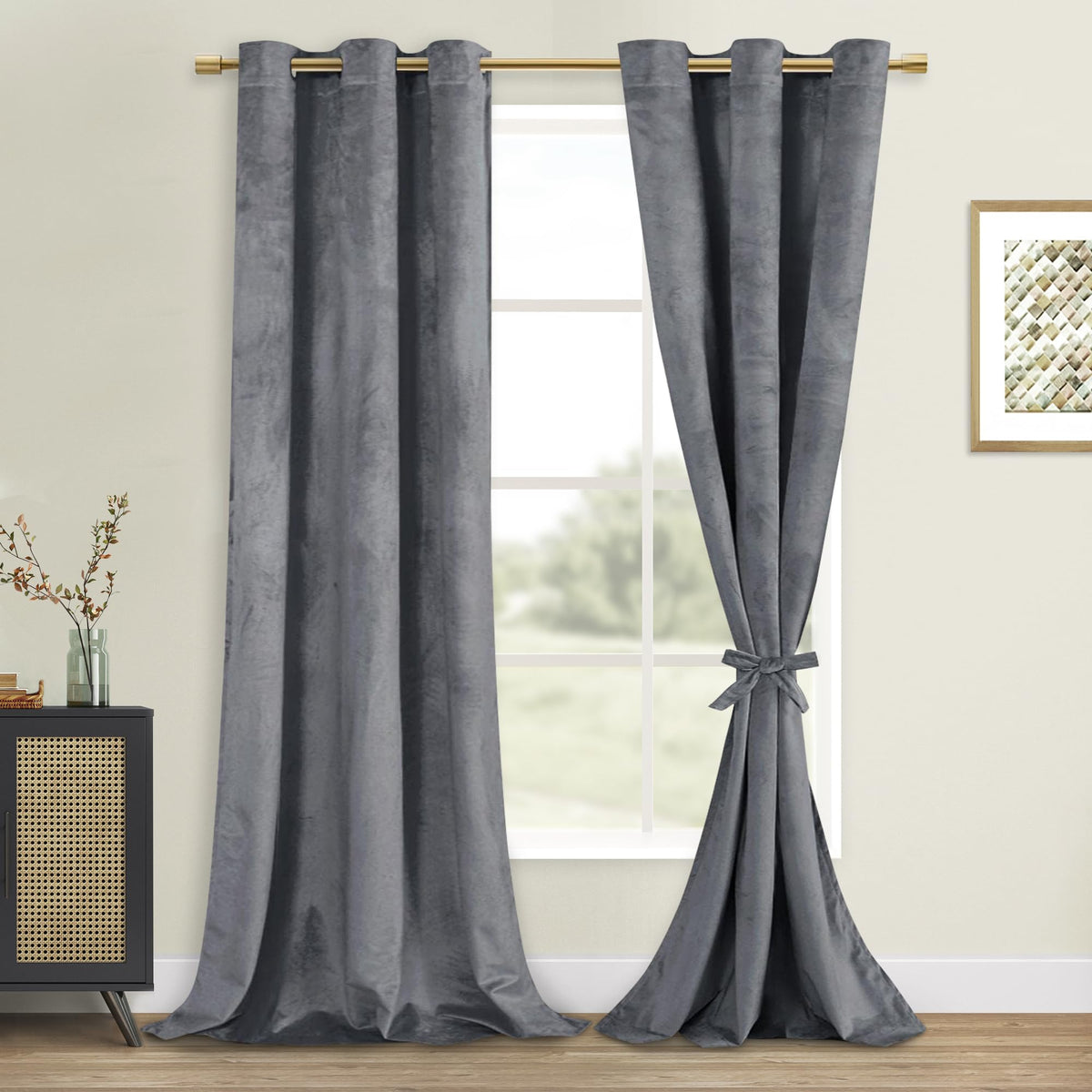 Dwcn Grey Velvet Curtains 84 Inches Long - Super Soft Tieable Grommet Blackout Thermal Insulated Curtain Panels, Window Drapes F