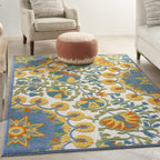HomeRoots 4' Round Ivory and Blue Round Floral Indoor Outdoor Area Rug