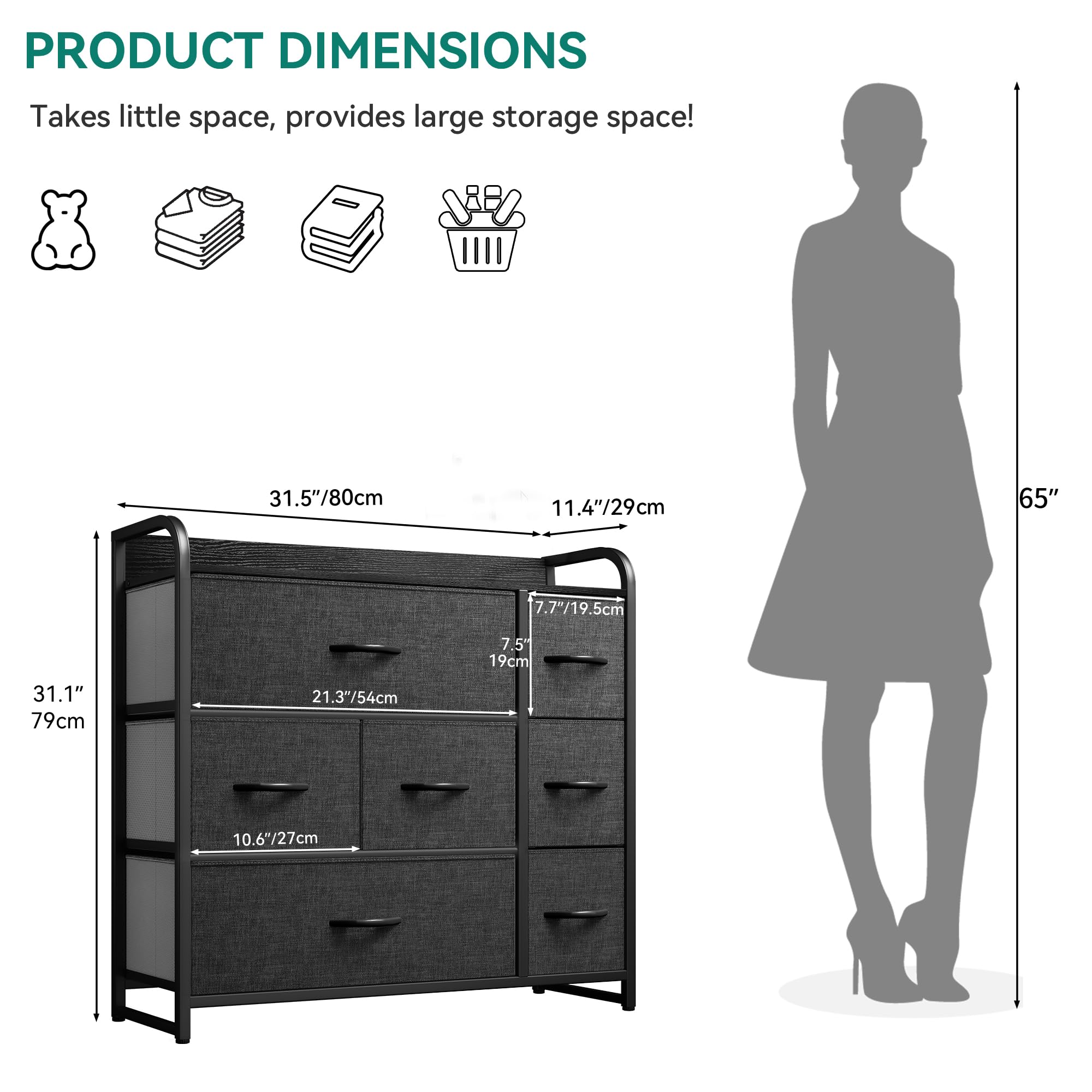Yitahome Fabric Dresser With 7 Drawers - Storage Tower With Large Capacity, Organizer Unit For Living Room - Sturdy Steel Frame, Easy Pull Fabric Bins & Wooden Top (Black/Grey)