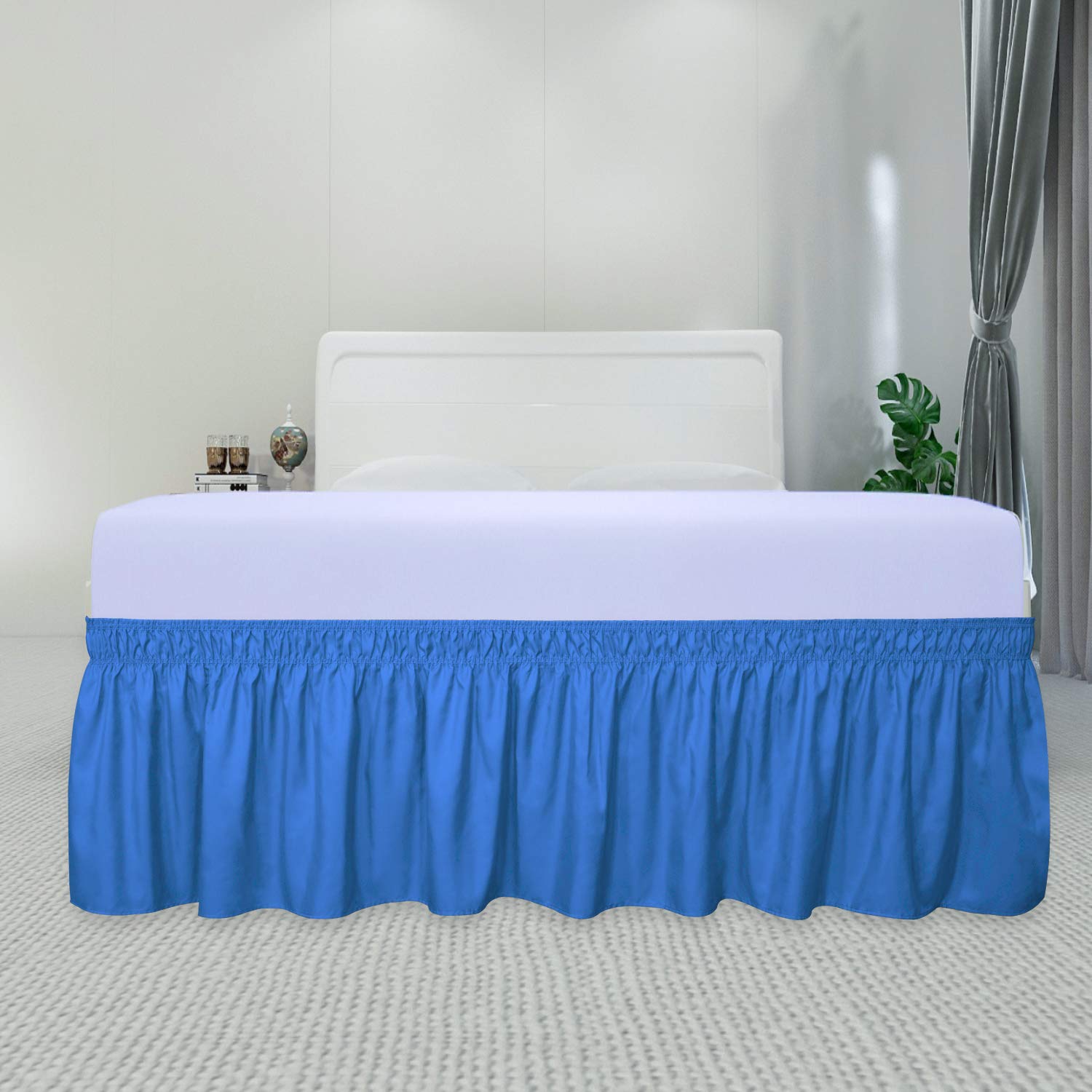 Purefit Wrap Around Ruffled Bed Skirt With Adjustable Elastic Belt - 14 Inch Drop Easy To Put On, Wrinkle Free Bedskirt Dust Ruffles, Bed Frame Cover For Queen, King And C-King Size Beds, Blue
