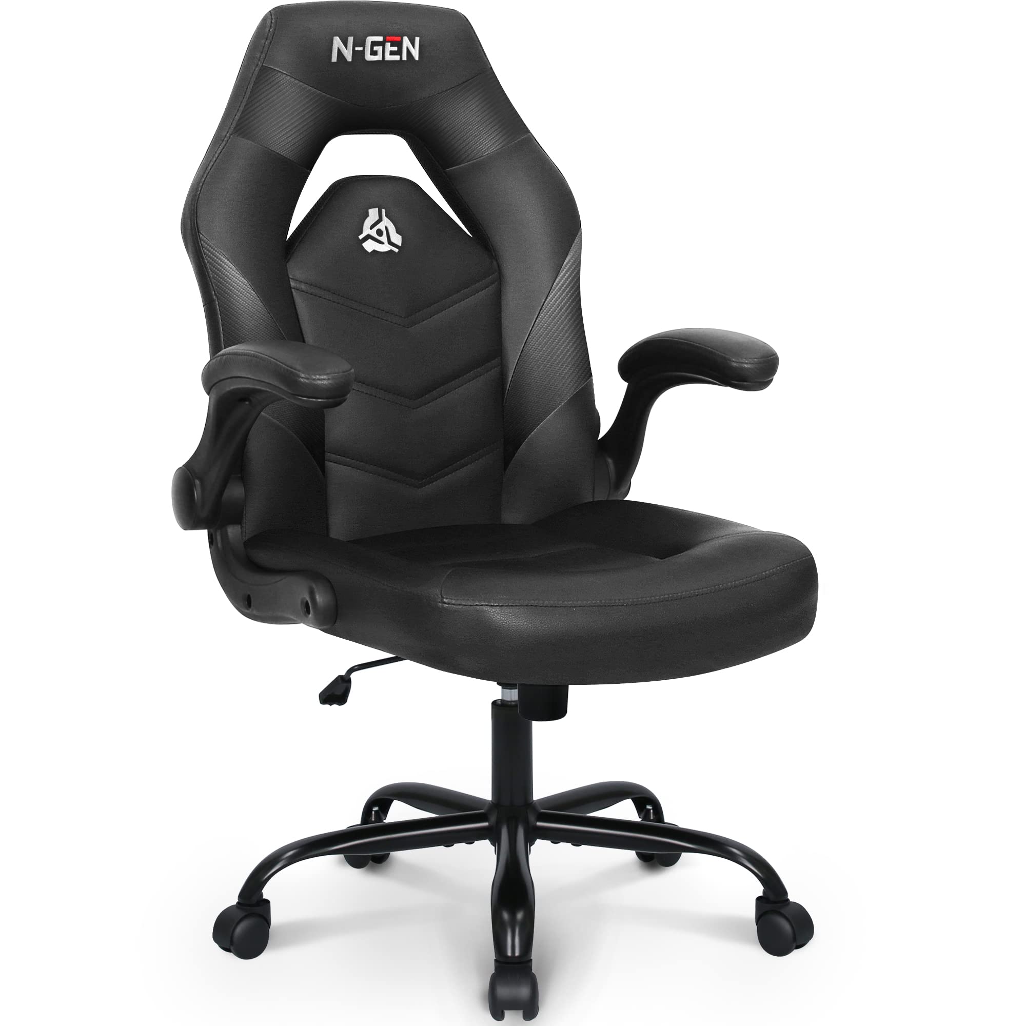 N-Gen Video Gaming Computer Chair Ergonomic Desk Office Chair For Adults With Lumbar Support Flip-Up Arms Adjustable Height Swivel Wheels Pu Leather Executive Design For Home And Office (Black)