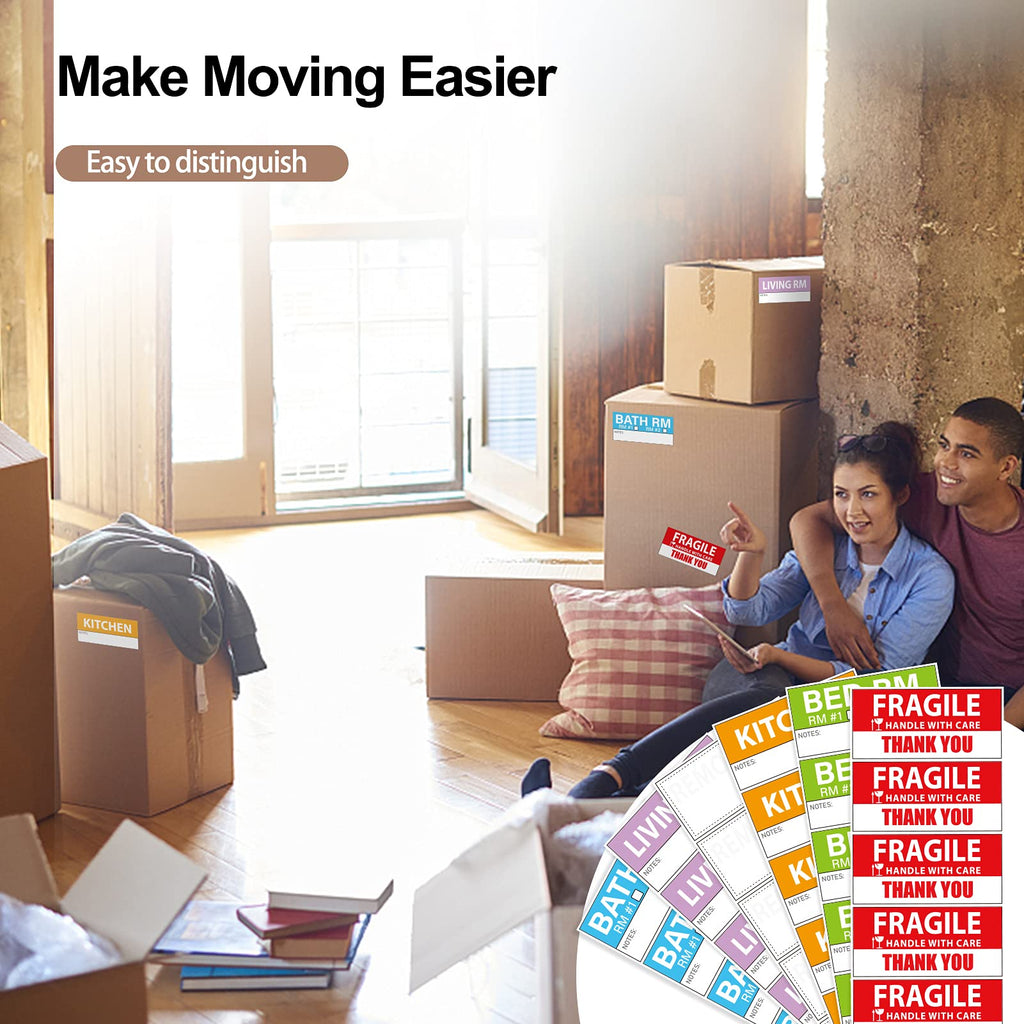 Yoget 42X90Mm Large Home Moving Labels For Apartment Moving, 4 Different Color Coded Packing Labels + 40Pcs Fragile Stickers + 4