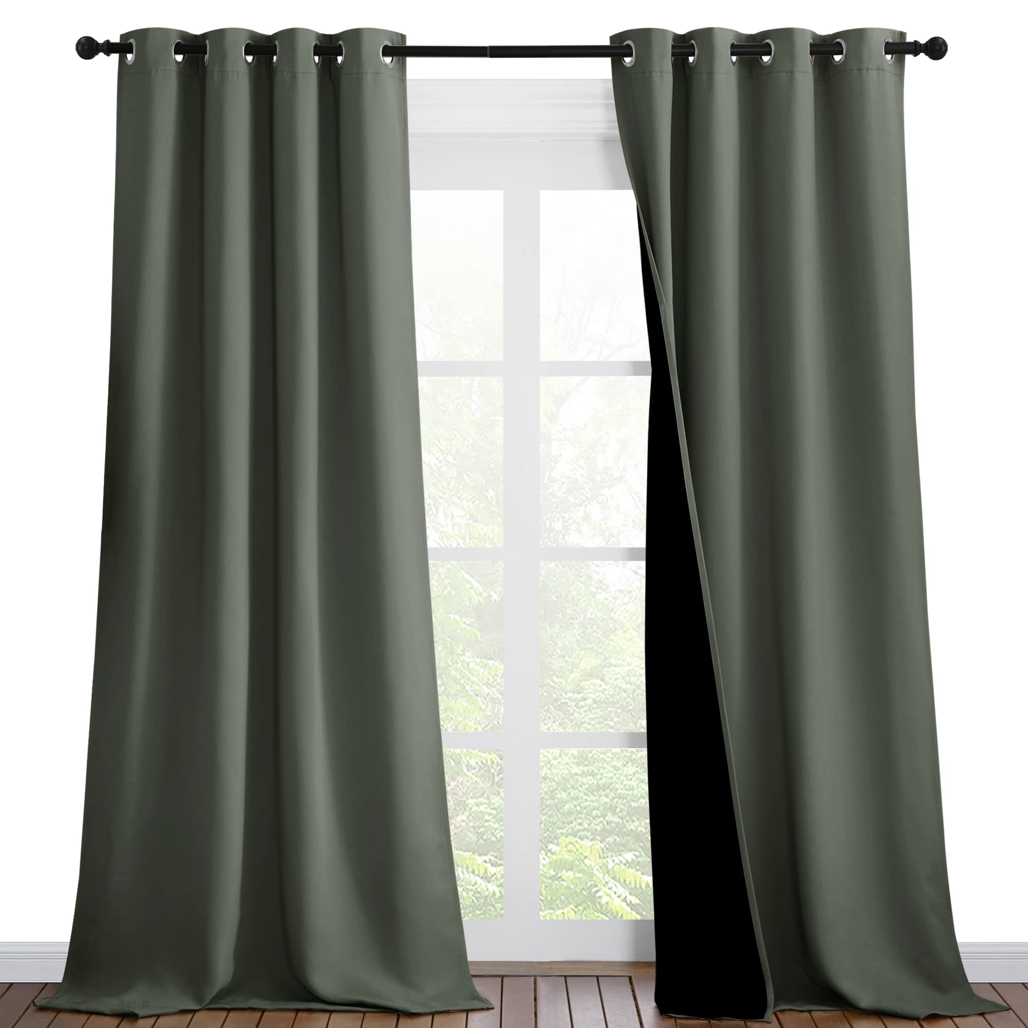 Nicetown Dark Mallard Blackout Curtains 90 Inches Long, Full Light Blocking Drapes With Black Liner For Nursery, Thermal Insulat