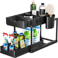 Xpandio Under Sink Organizer, 2Tier Storage Rack With Hooks And Cup Holder, Black Metal, 38Cm X 33Cm, Bathroom Kitchen Cabinet 