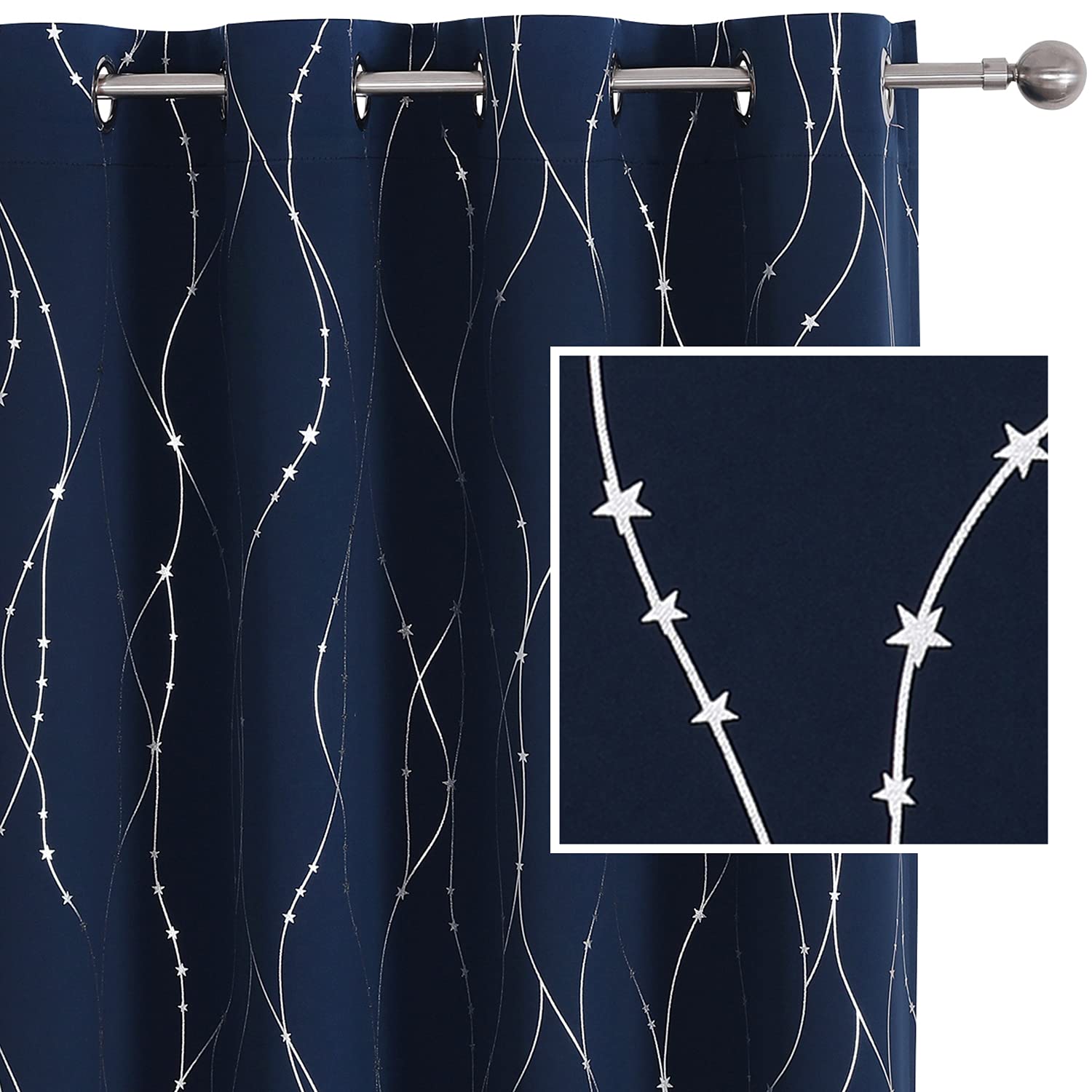 Smile Weaver Navy Blackout Curtains For Kids Bedroom 45 Inch Length,Printed Design Room Darkening Curtains For Living Room,Soft