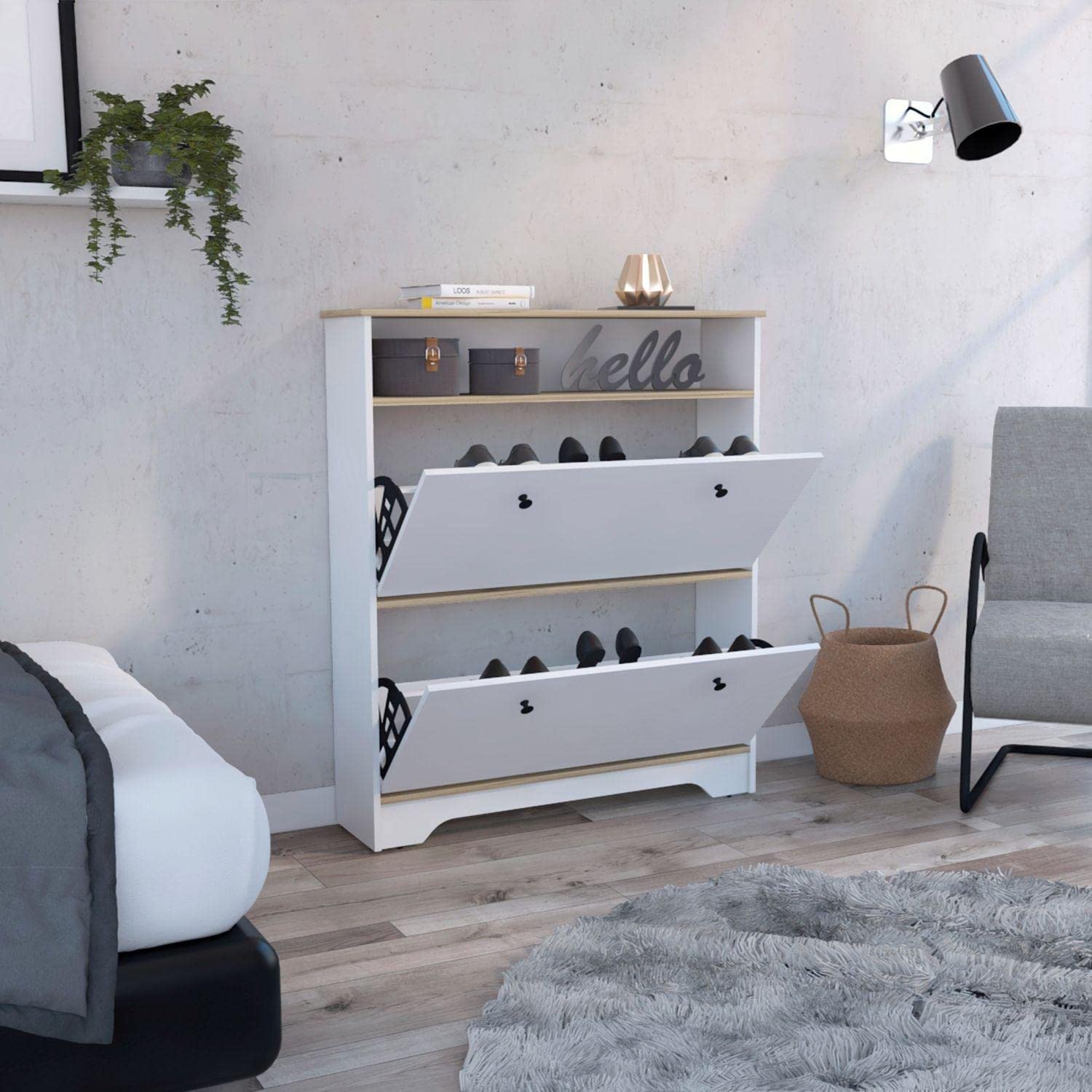 Wayne Shoe Rack With Open Shelf And 2 Hinged Doors, Light Oak/White