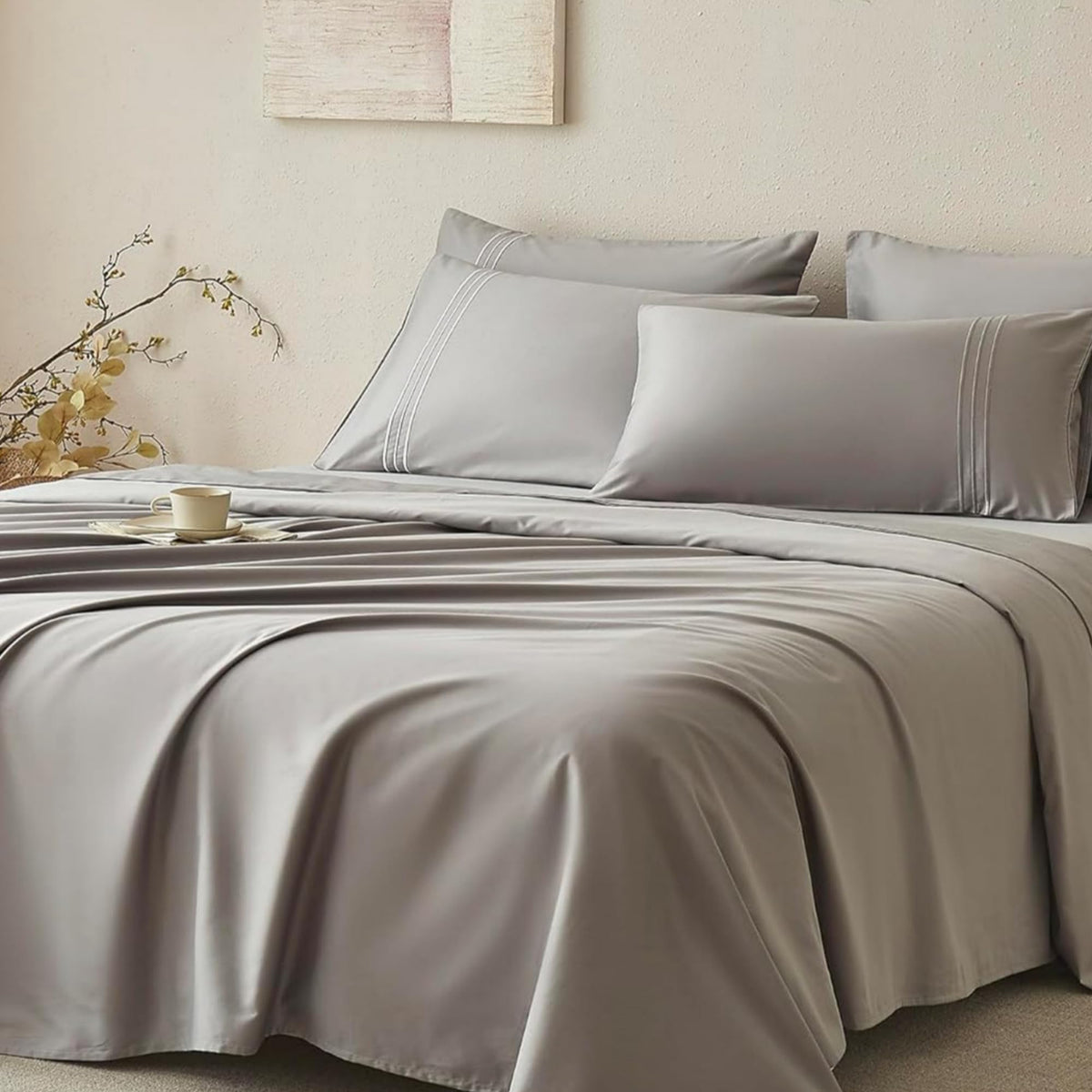 Jellymoni Twin Sheet Sets Grey - 400 Thread Count 100% Cotton Sheets, 3 Pieces Silkly Sateen Cotton Sheet Set, Wrinkle Free Hote