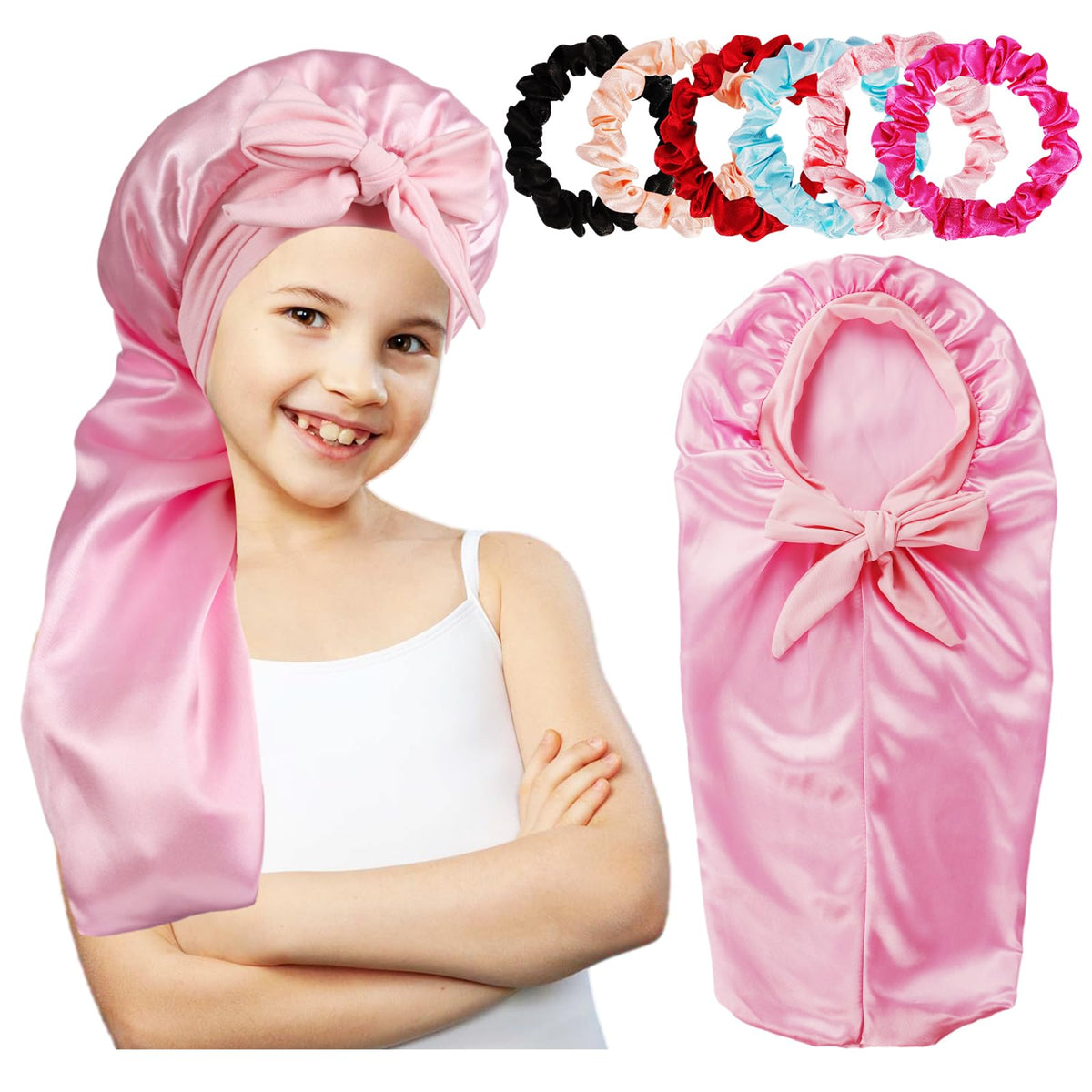 Long Kids Bonnets for Girls,Bonnet for Sleeping Kids,Satin Bonnet for Kids Braids,Curly Hair (Pink)