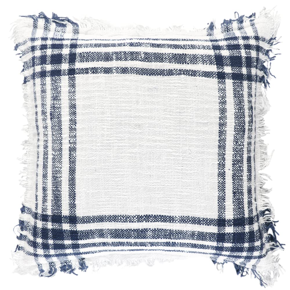 Rizzy Home Plaid 18&quot; x 18&quot; Down Filled Pillow with Woven Cotton Cover-White/Navy