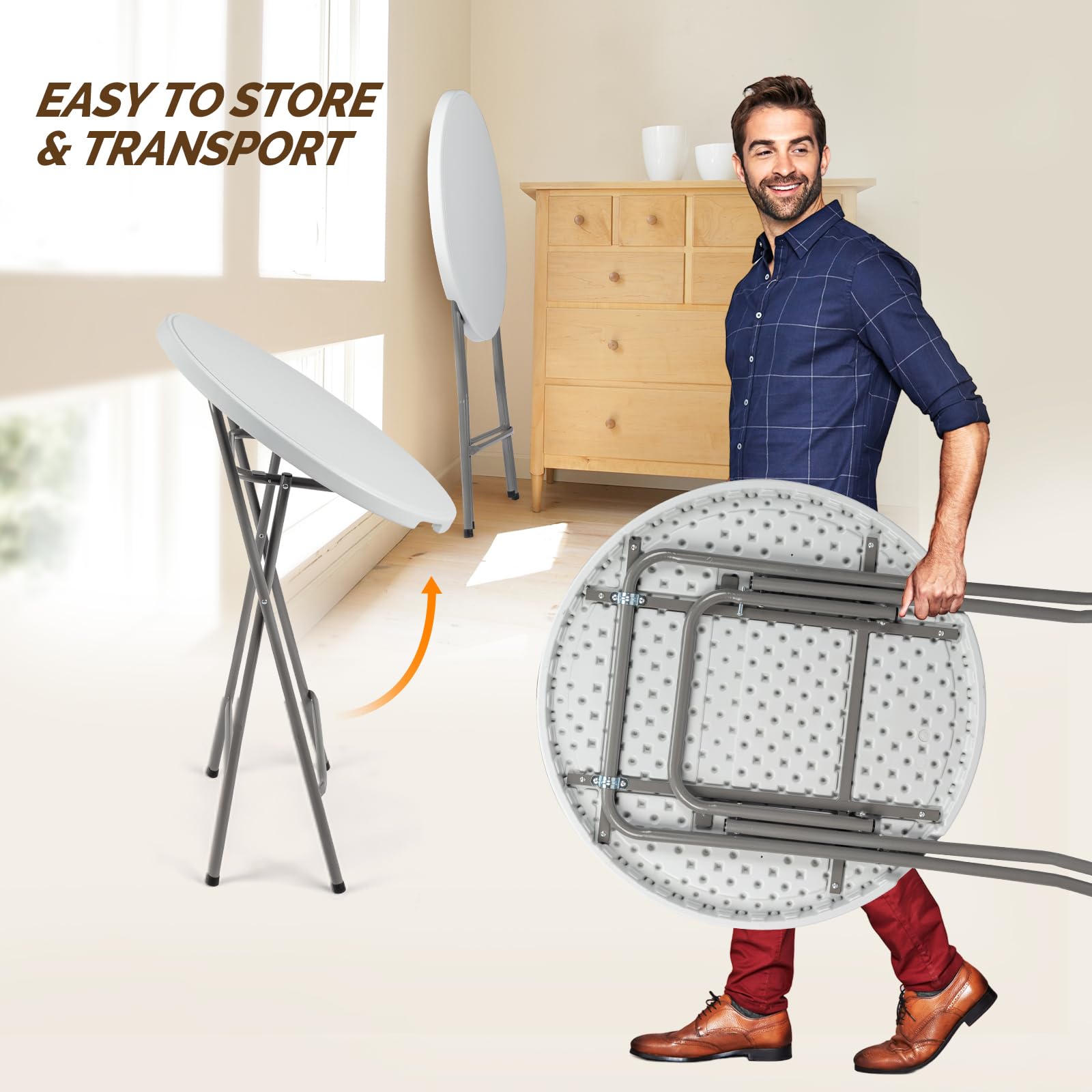 Vingli 32' Plastic Folding Round Table Bar Height, Hdpe Matrial With Gray Metal Finish, High Top Table For Outdoor Party, Cafes, Restaurants, Backyard, Dining Room, Wedding Event,1 Pack, White