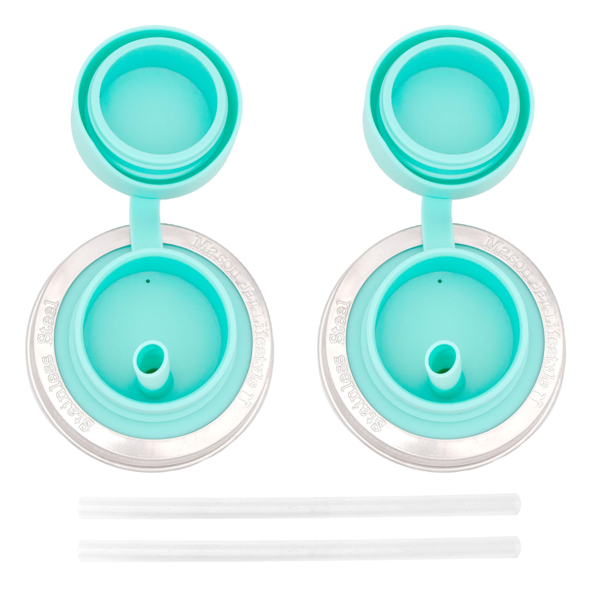 Aquamarine Pop-Up Sippy Straw Leak Proof Silicone Lids For Regular Mouth Mason Jars (2 Pack)