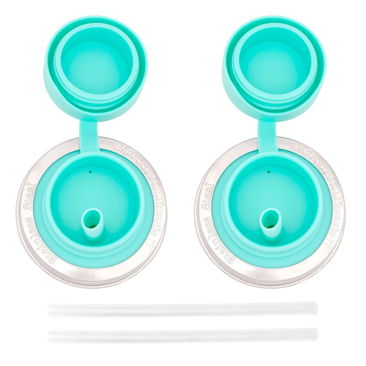 Aquamarine Pop-Up Sippy Straw Leak Proof Silicone Lids For Regular Mouth Mason Jars (2 Pack)