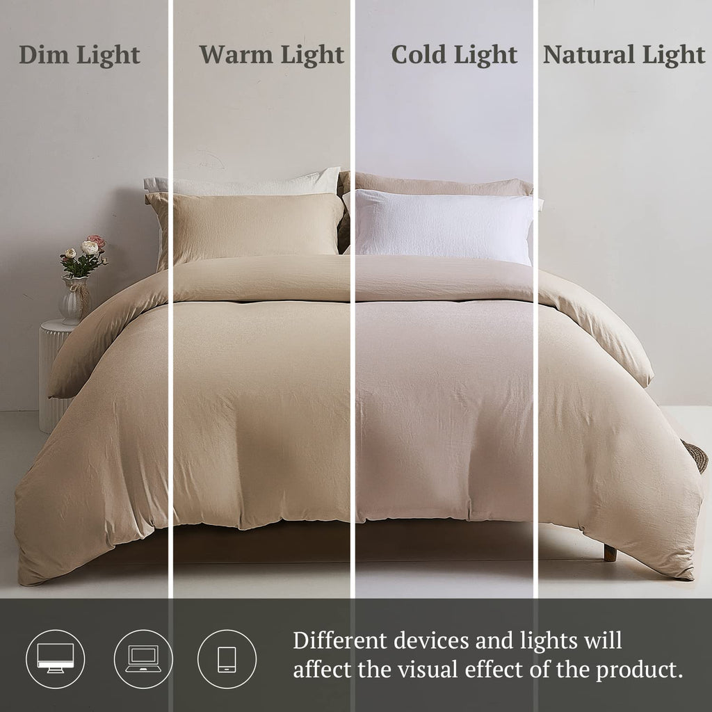 Mildly Super Soft Duvet Cover - 100% Washed Microfiber Light Khaki Comforter Cover Set 3 Pieces With Zipper Closure & Corner Tie