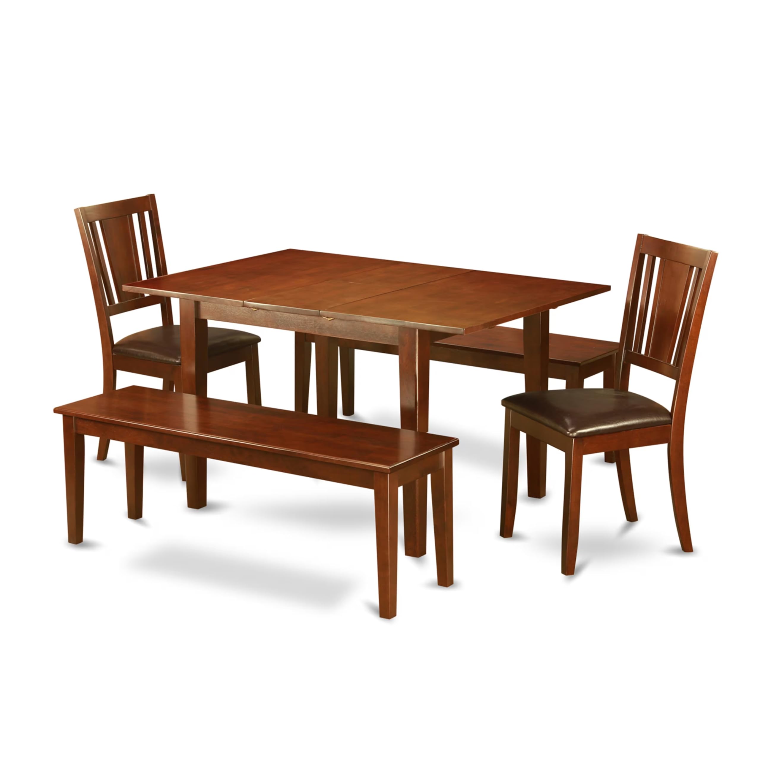East West Furniture MLDU5D-MAH-LC 5 Piece Dining Room Set Includes a Rectangle Kitchen Table with Butterfly Leaf and 2 Faux Leather Dining Chairs with 2 Benches, 36x54 Inch, Mahogany