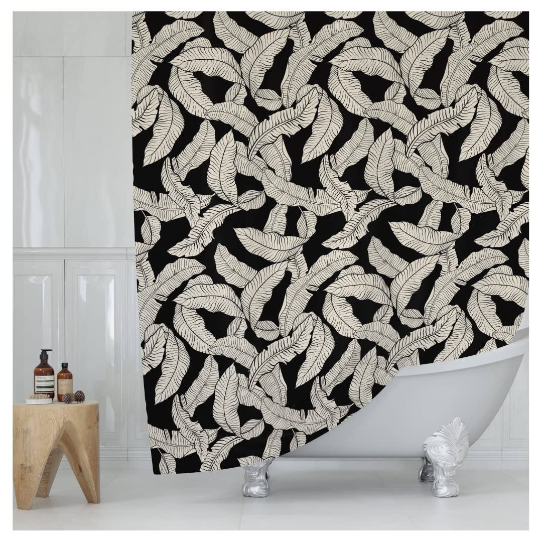 Worthwhile Goods Black And Cream Banana Leaf Print Shower Curtain - Tropical Botanical - Neutral Pattern - Minimalist Fabric Sho