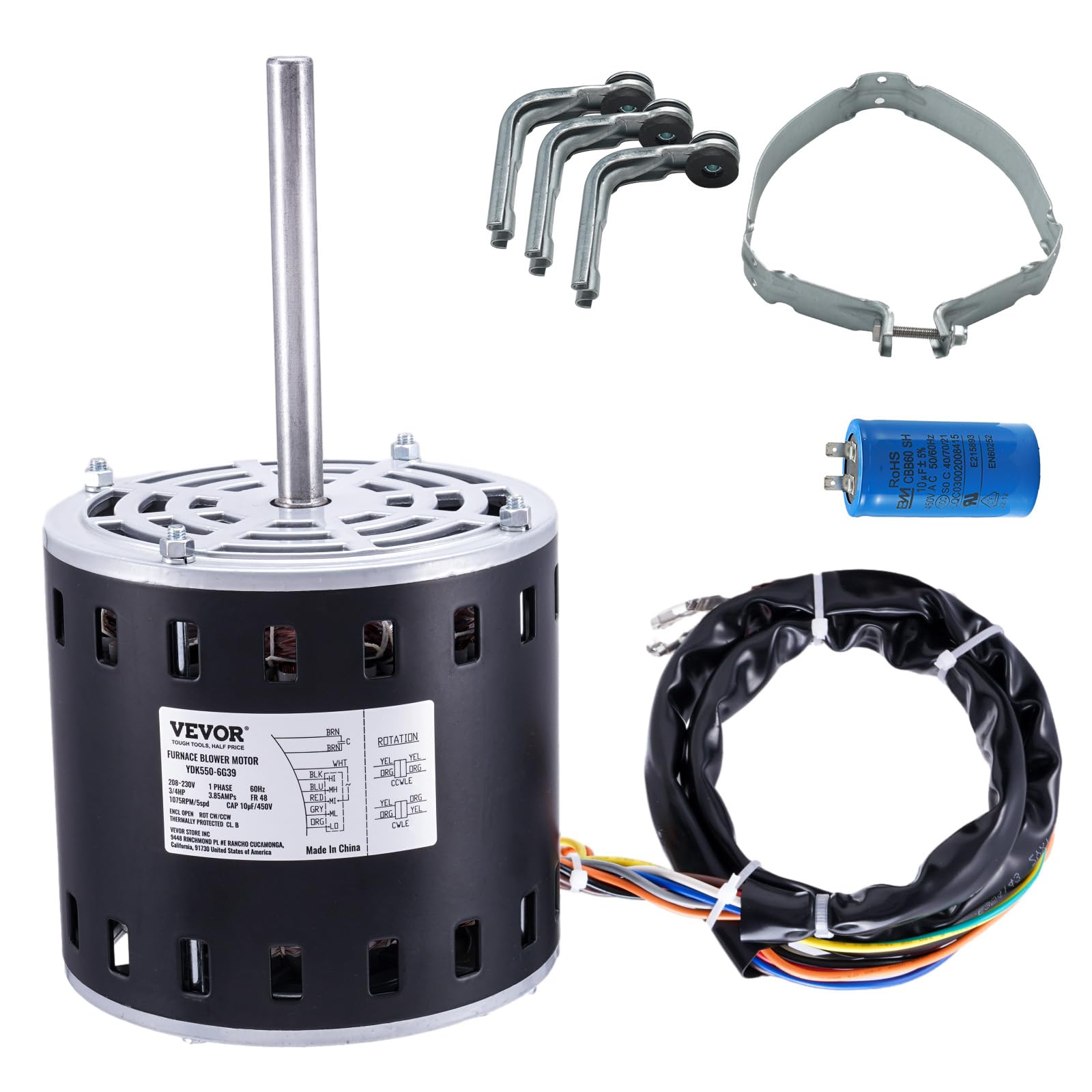 VEVOR 3/4HP Furnace Blower Motor, 208/230V 3.85Amps, 1075RPM 5 Speeds, CW/CCW Rotation, 48 Frame 4.8'' Shaft Length, 10F/450V Ca