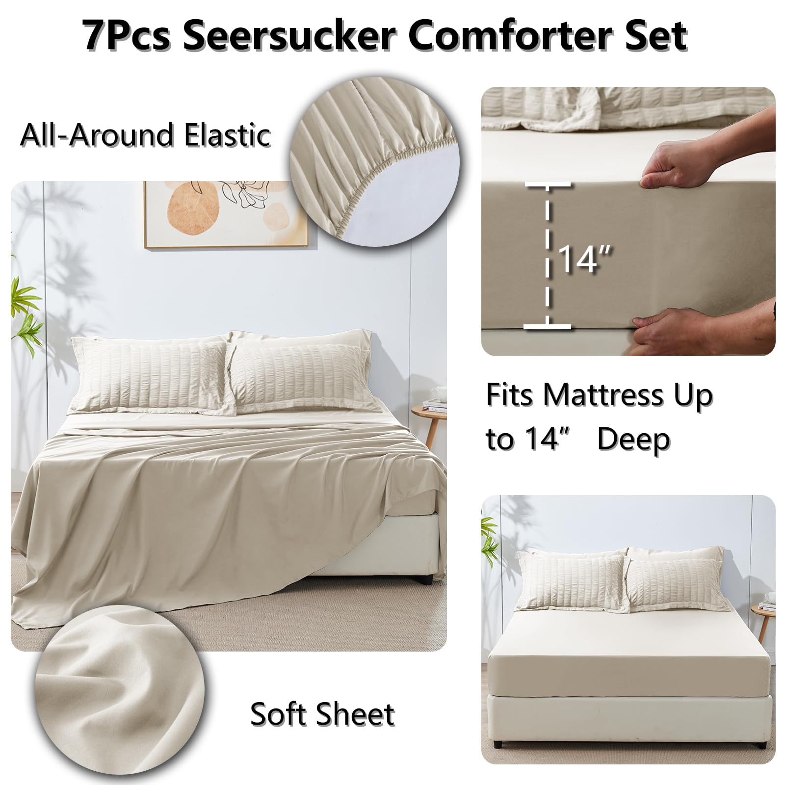 Cozylux Queen Seersucker Comforter Set With Sheets Oatmeal Bed In A Bag 7-Pieces All Season Bedding Sets With Comforter, Pillow Sham, Flat Sheet, Fitted Sheet, Pillowcase